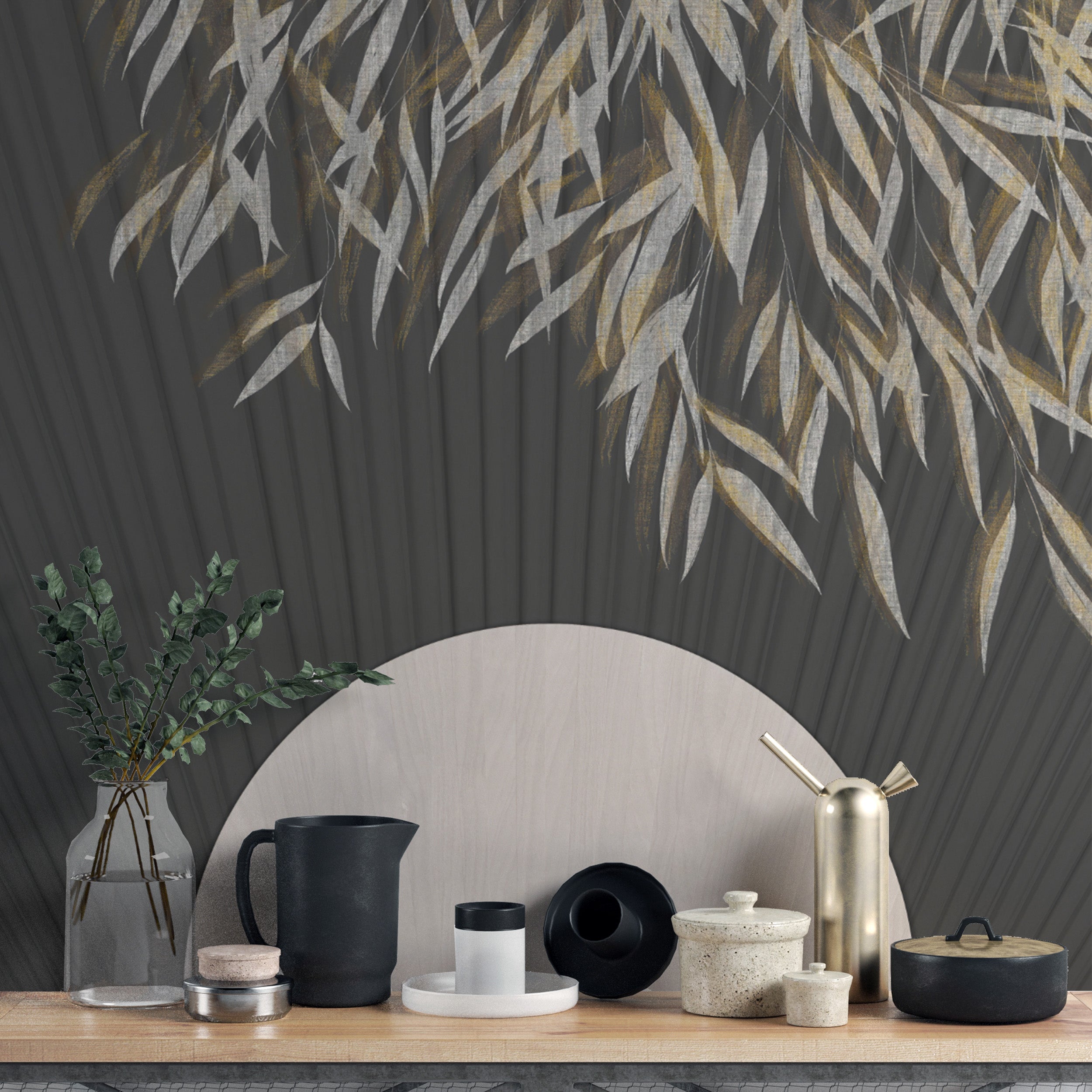 Black textured wallpaper with golden botanical leaf accents
