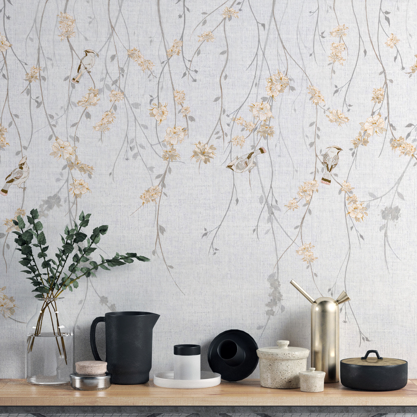 Hanging floral branches wallpaper with delicate bird accents
