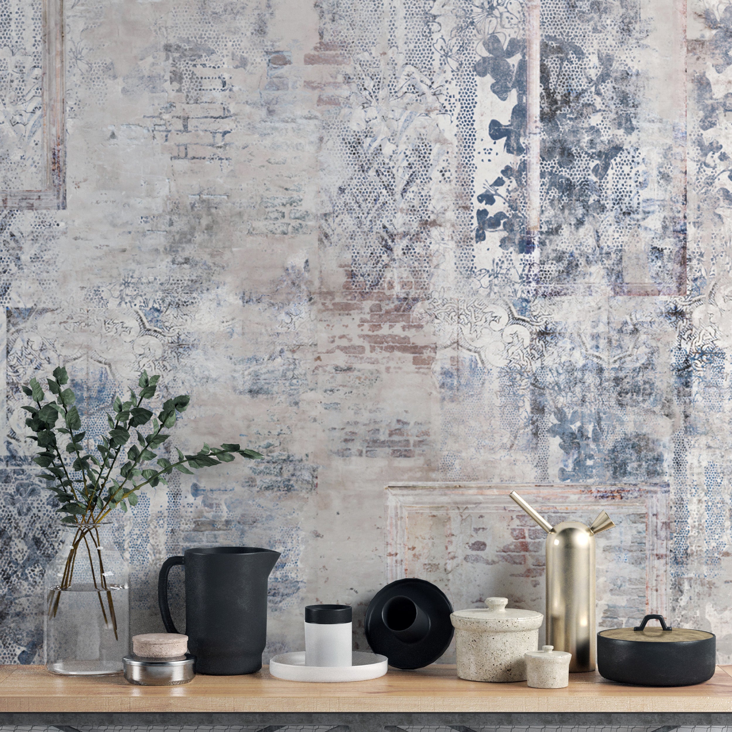 Rustic distressed vintage wallpaper with blue accents
