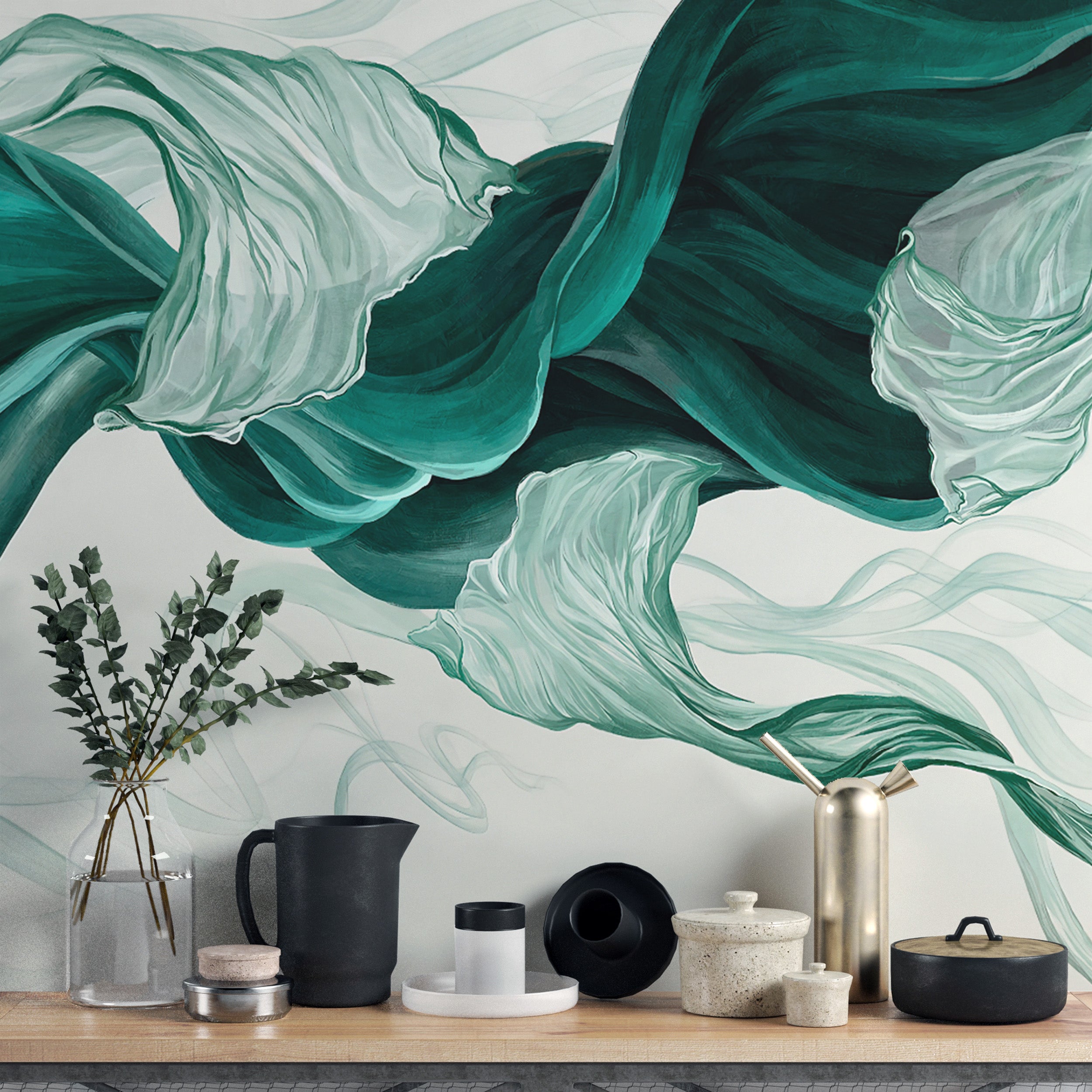 Teal and white flowing fabric abstract design wall mural
