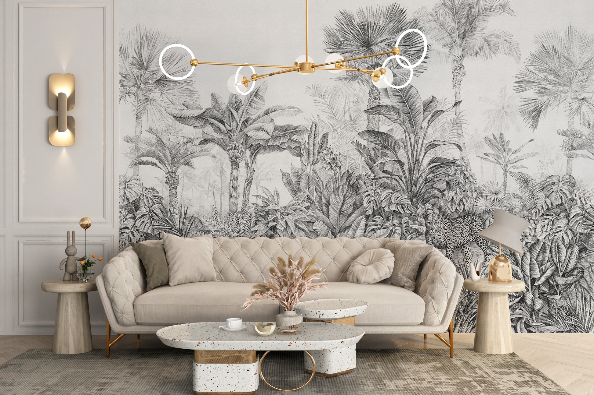 Grey jungle wall murals with leopard design
