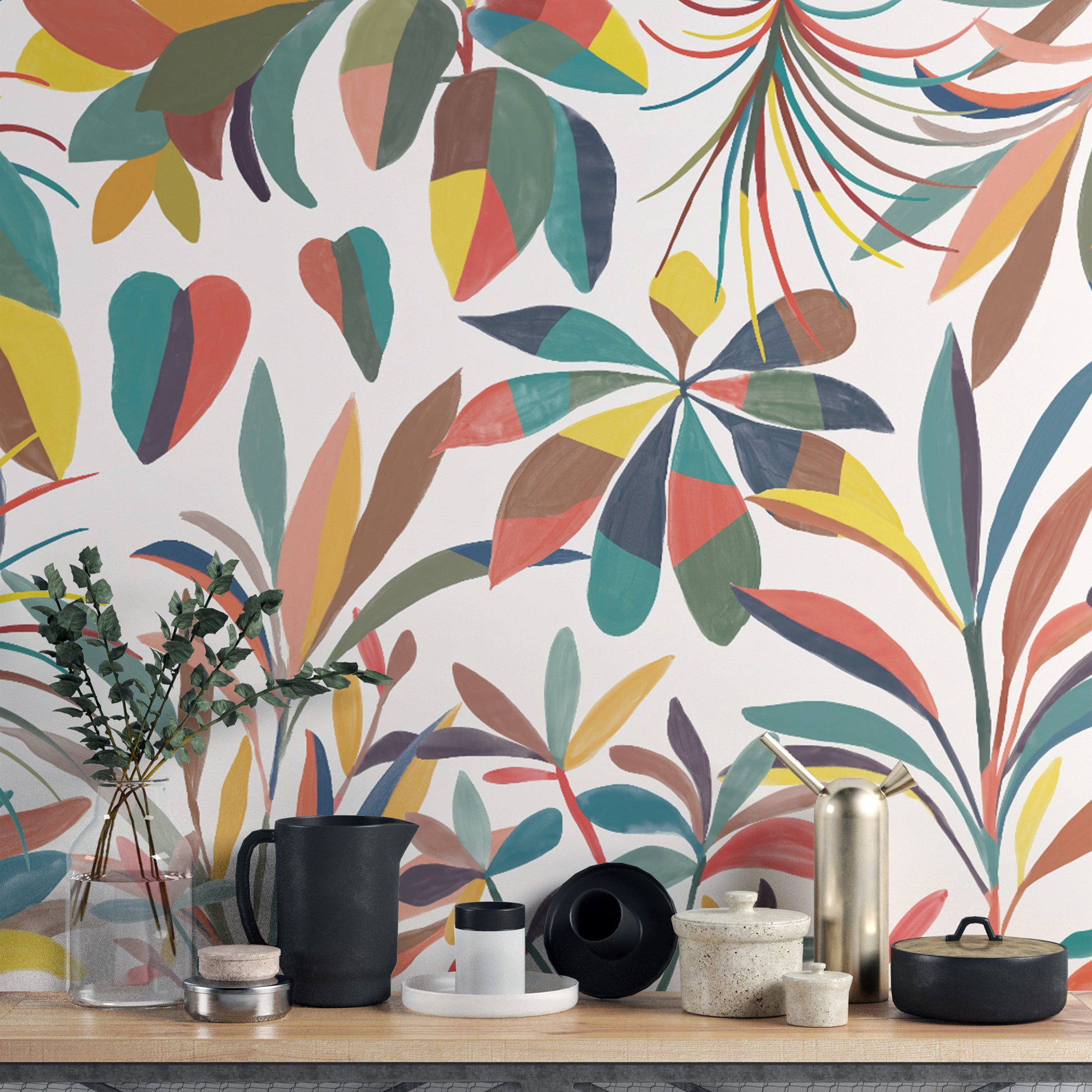 Multicolor botanical wallpaper with vibrant leaves
