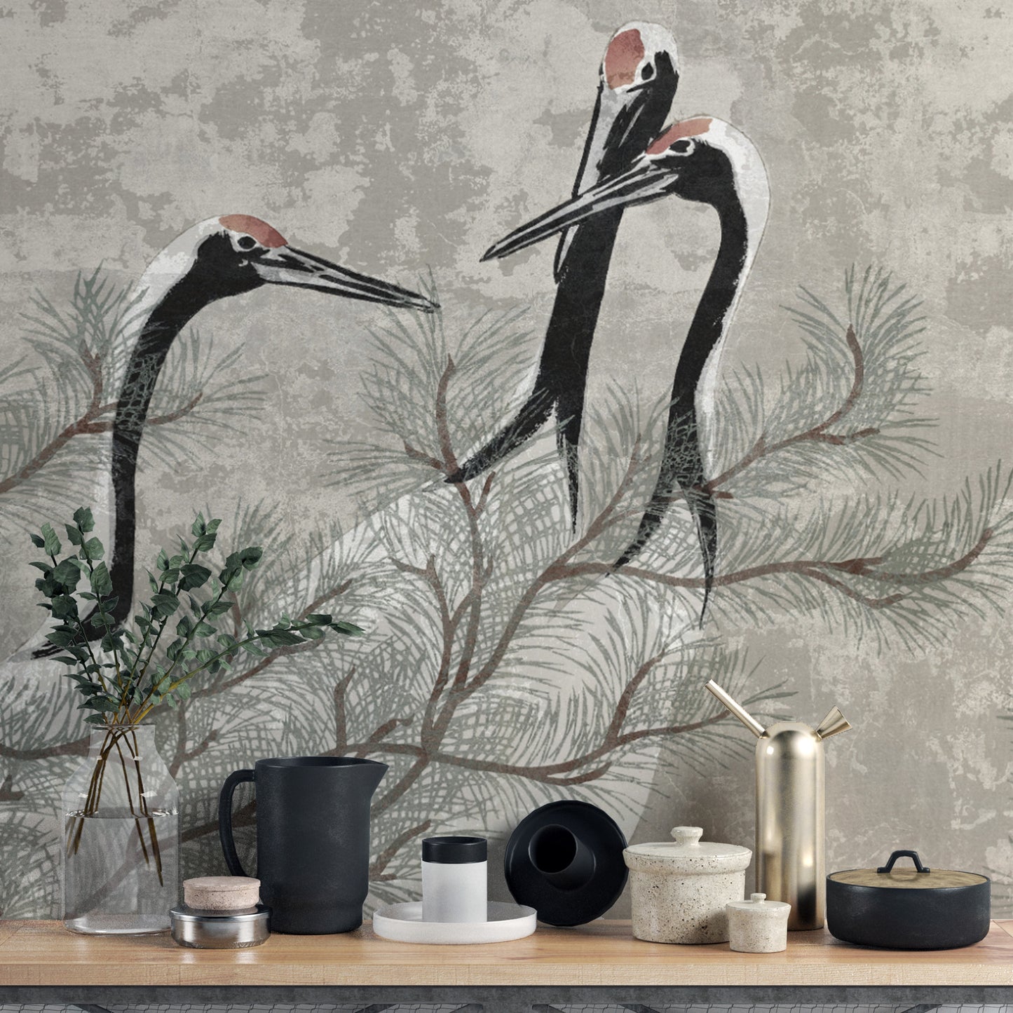 Sophisticated Asian Crane and Pine Tree Wall Mural
