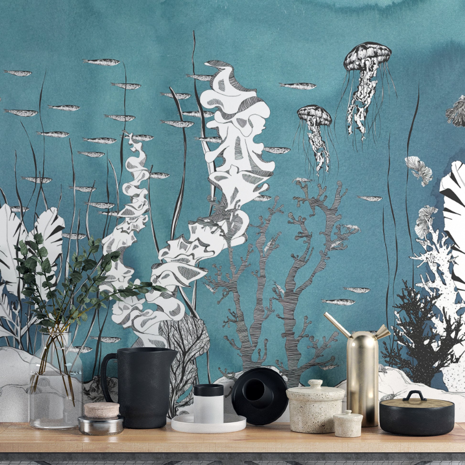 Artistic underwater decor with jellyfish illustration
