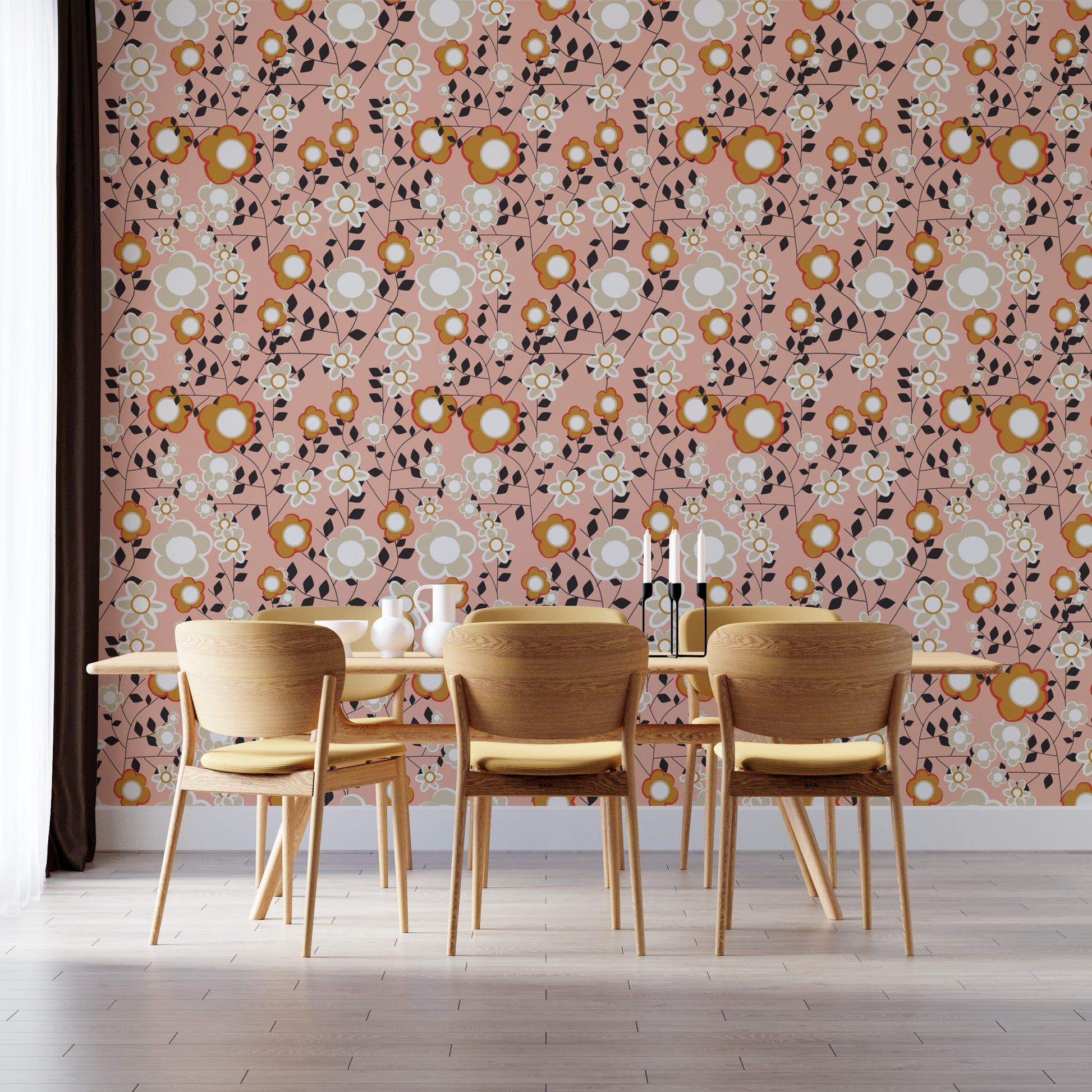 Vibrant pink wallpaper with white floral design
