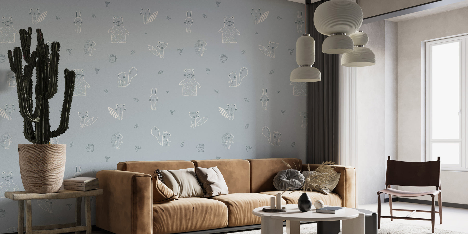 Adorable blue forest animals wallpaper for kids' spaces.
