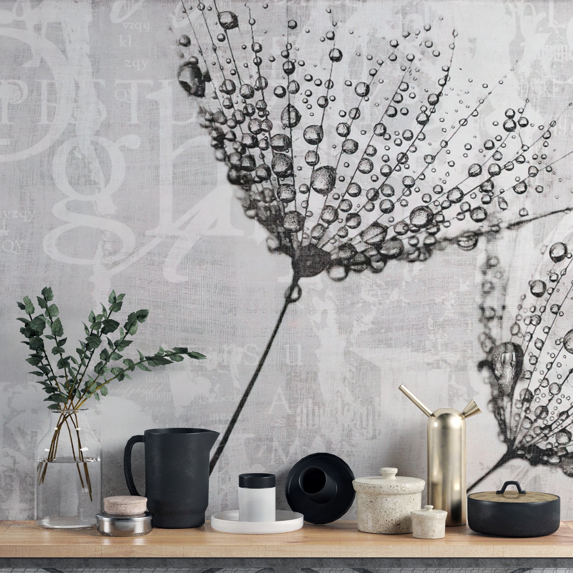 Minimalist dandelion art with water droplets for décor
