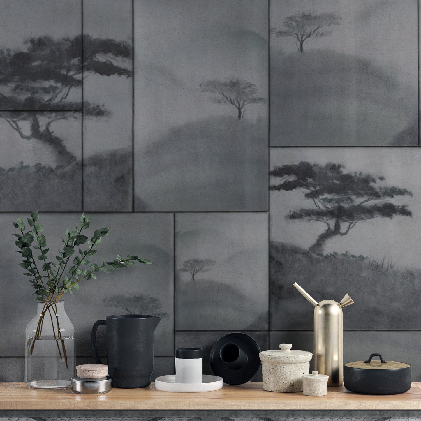 Serene misty landscape mural for peaceful interiors
