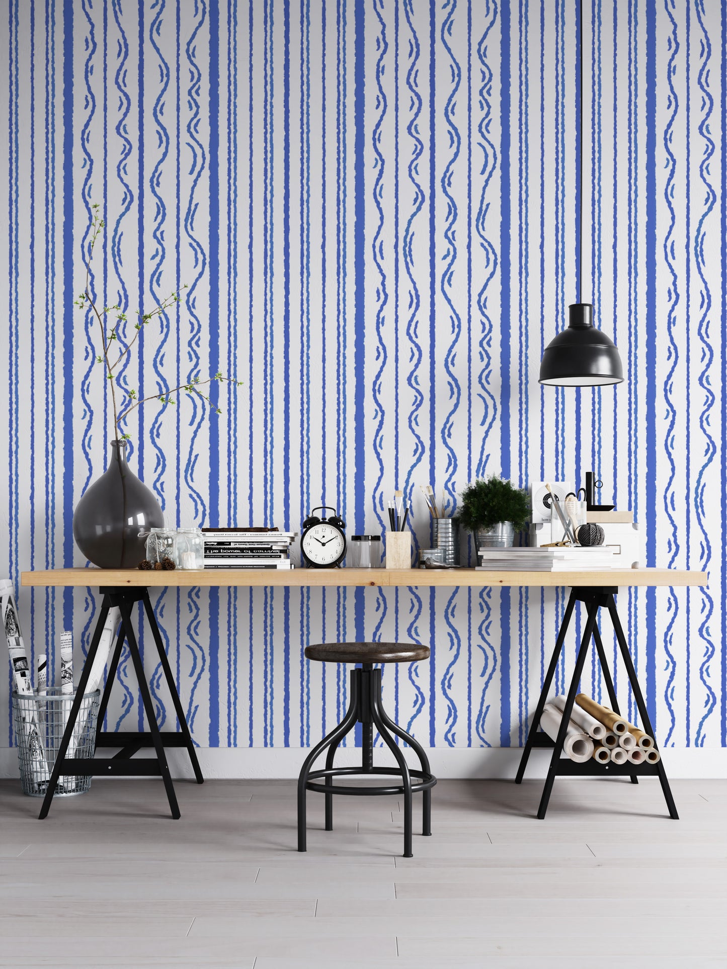 Bold blue striped wallpaper mural for a modern, sleek look.