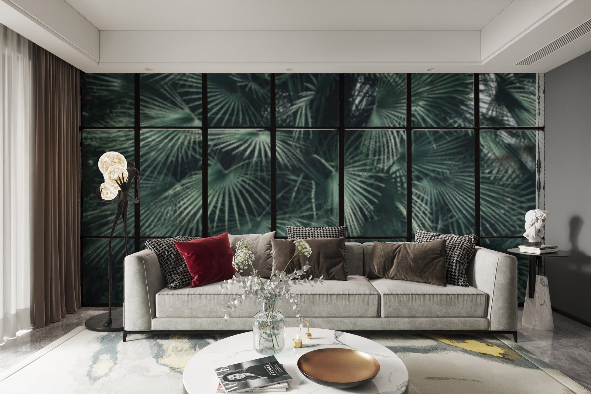 Lush jungle window mural with tropical palm leaves
