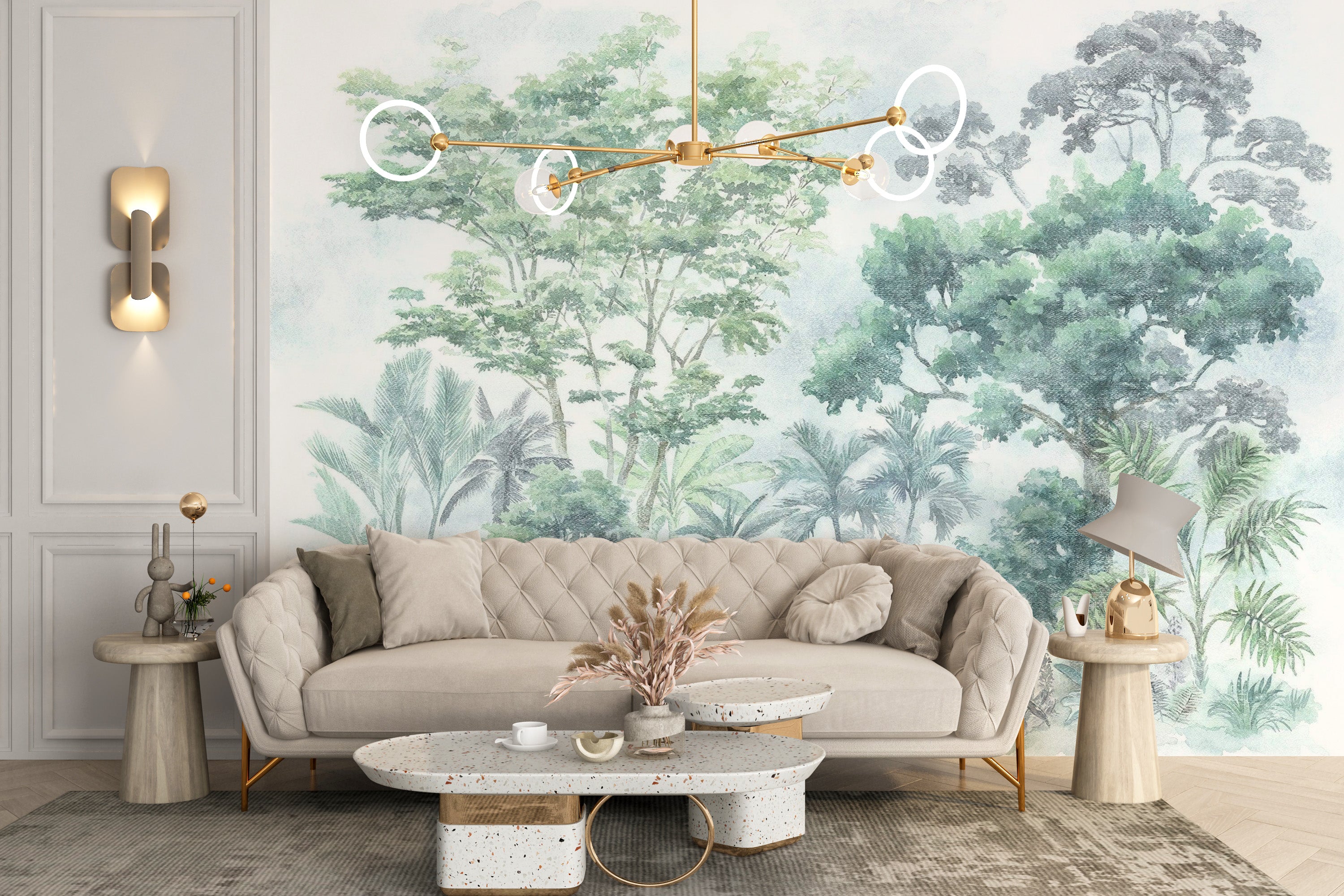 Watercolour-inspired jungle wallpaper with tropical vibe
