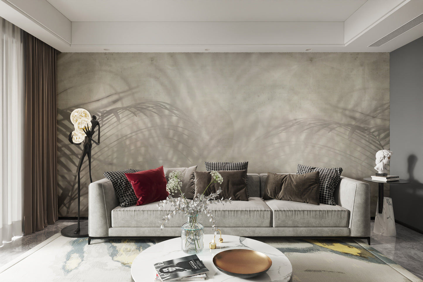 Organic earthy wall mural with leaf shadow effect
