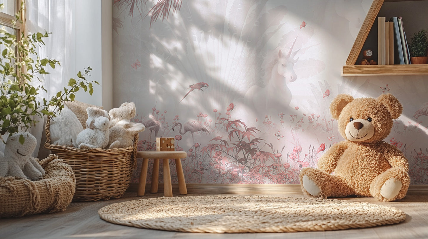 Pink wonderland nursery: Serenity Blush Forest wallpaper theme