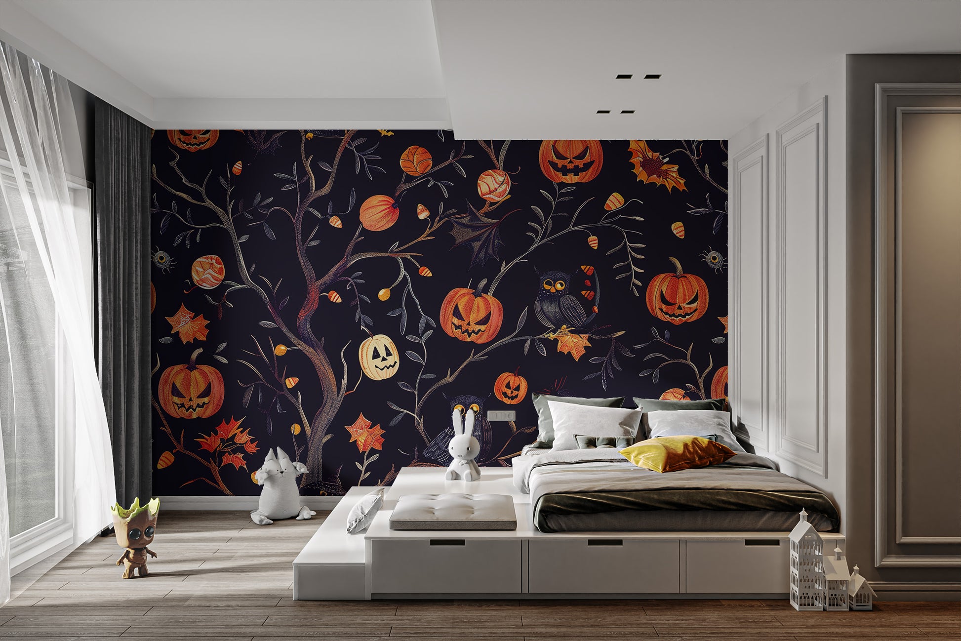 Pumpkin and owl themed mural for walls
