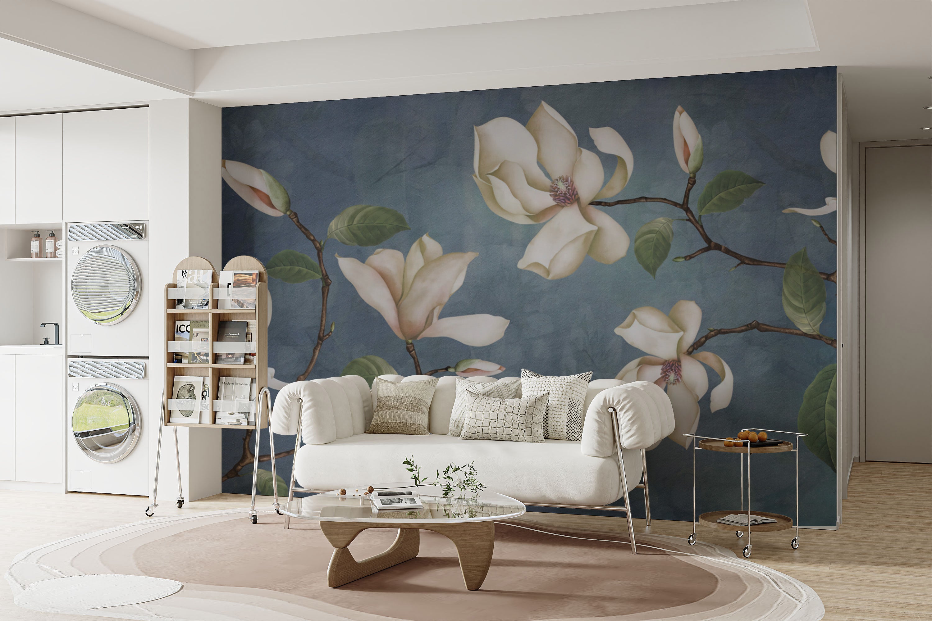 Elegant floral wallpaper mural with magnolia blooms
