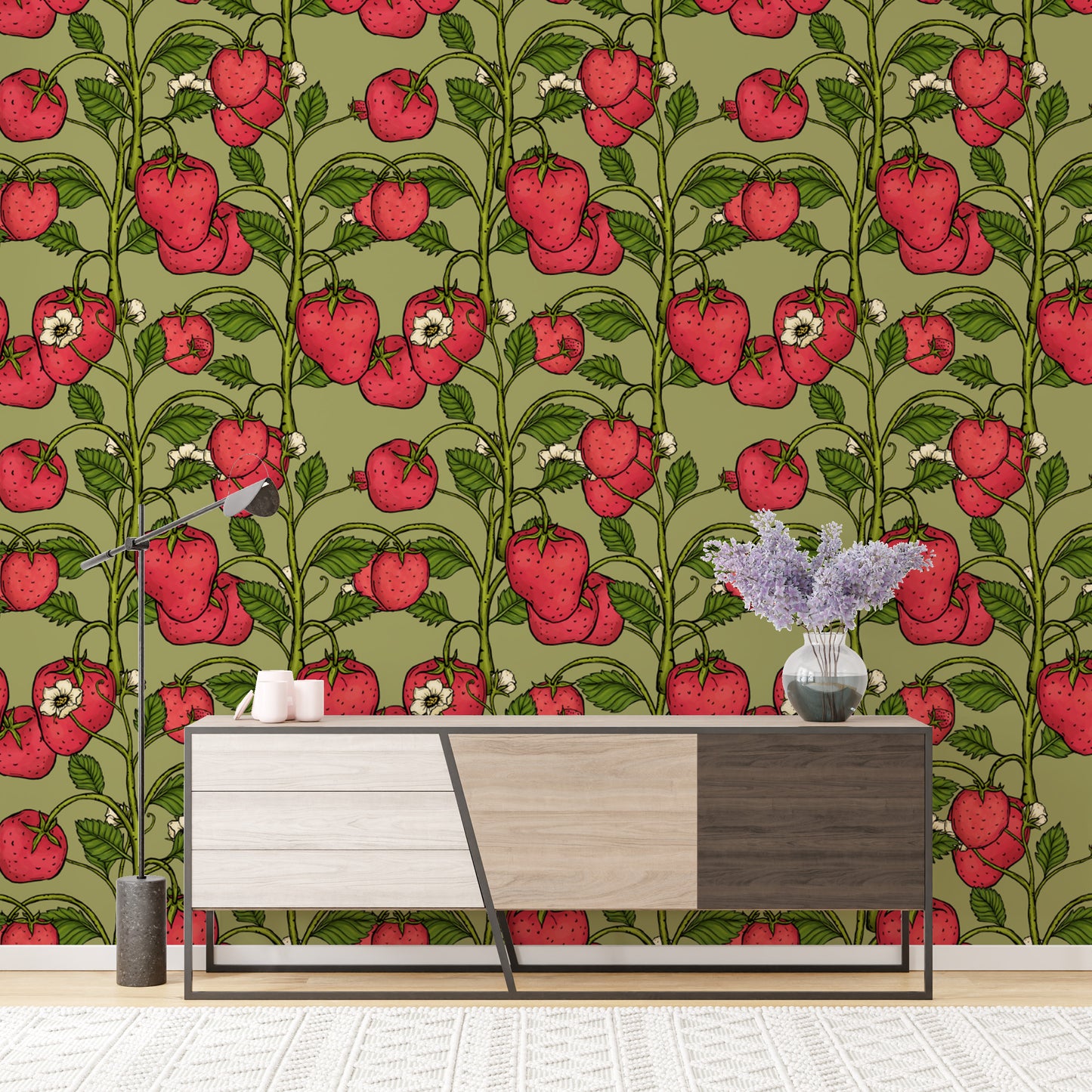 Trailing strawberries pink and green wallpaper for charming walls.