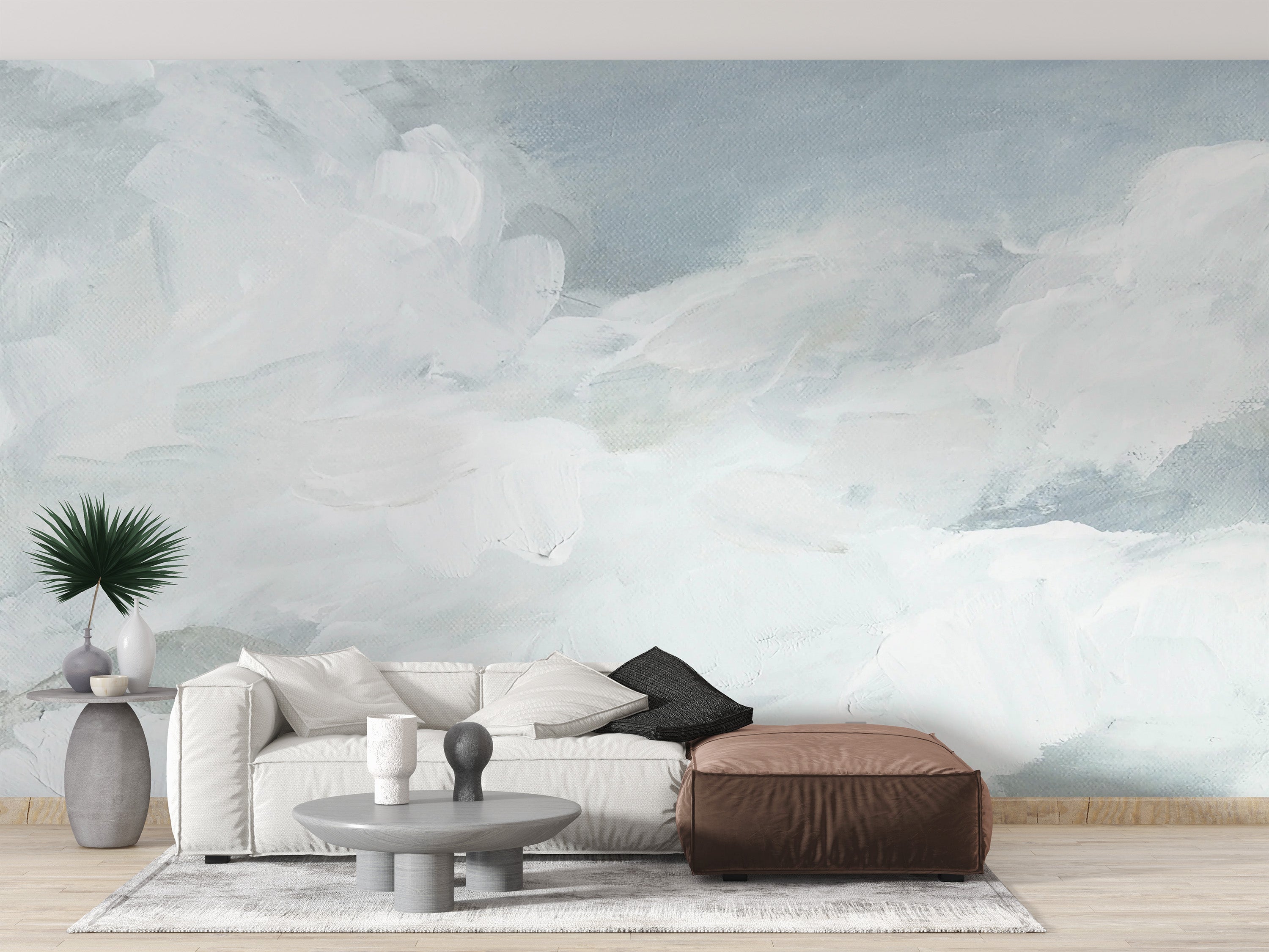 Modern watercolor cloud wallpaper elevates living room decor