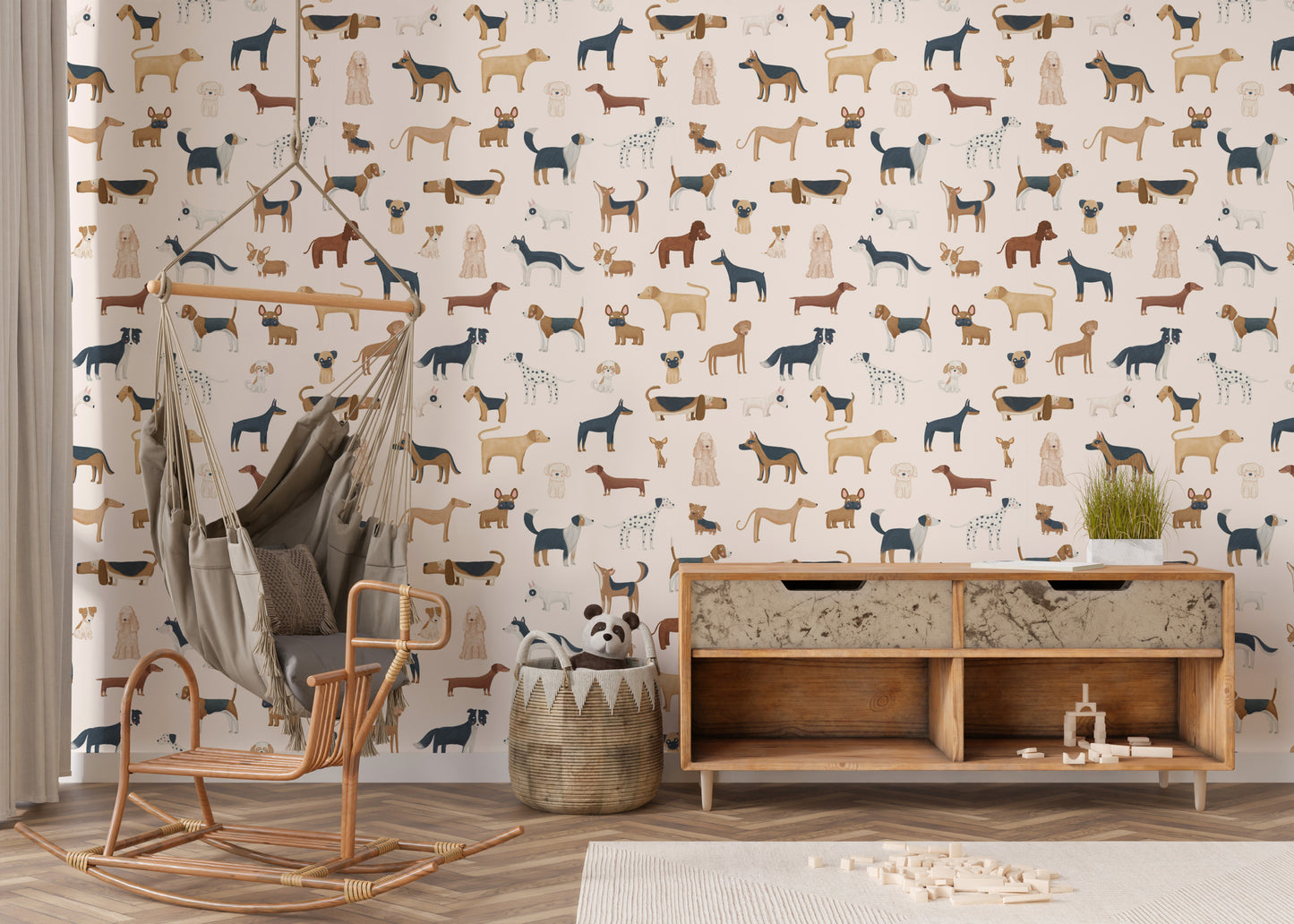 Whimsical dog wallpaper for kids' spaces
