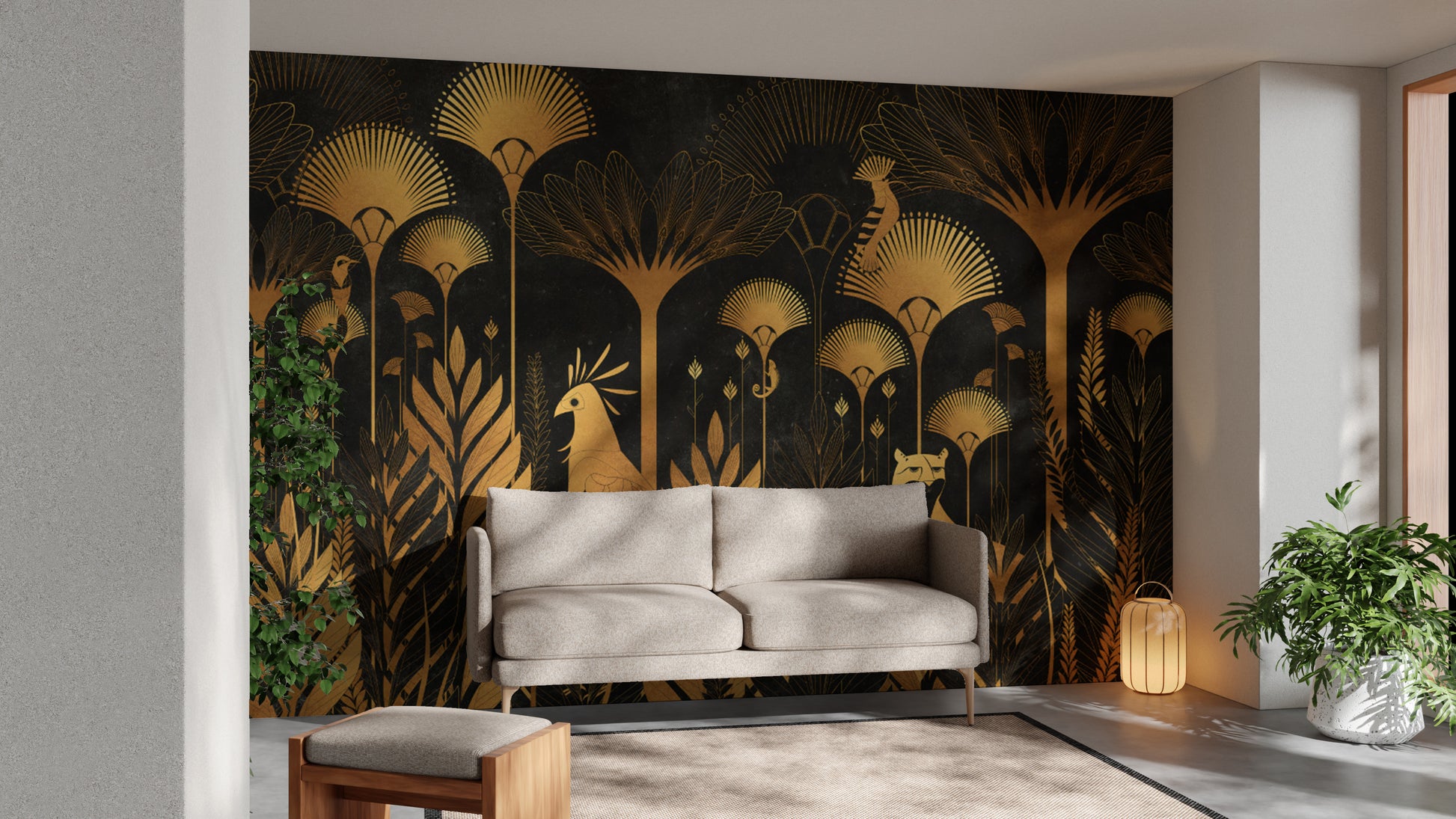 Luxurious Art Deco Jungle Wallpaper with Parrots and Leaves
