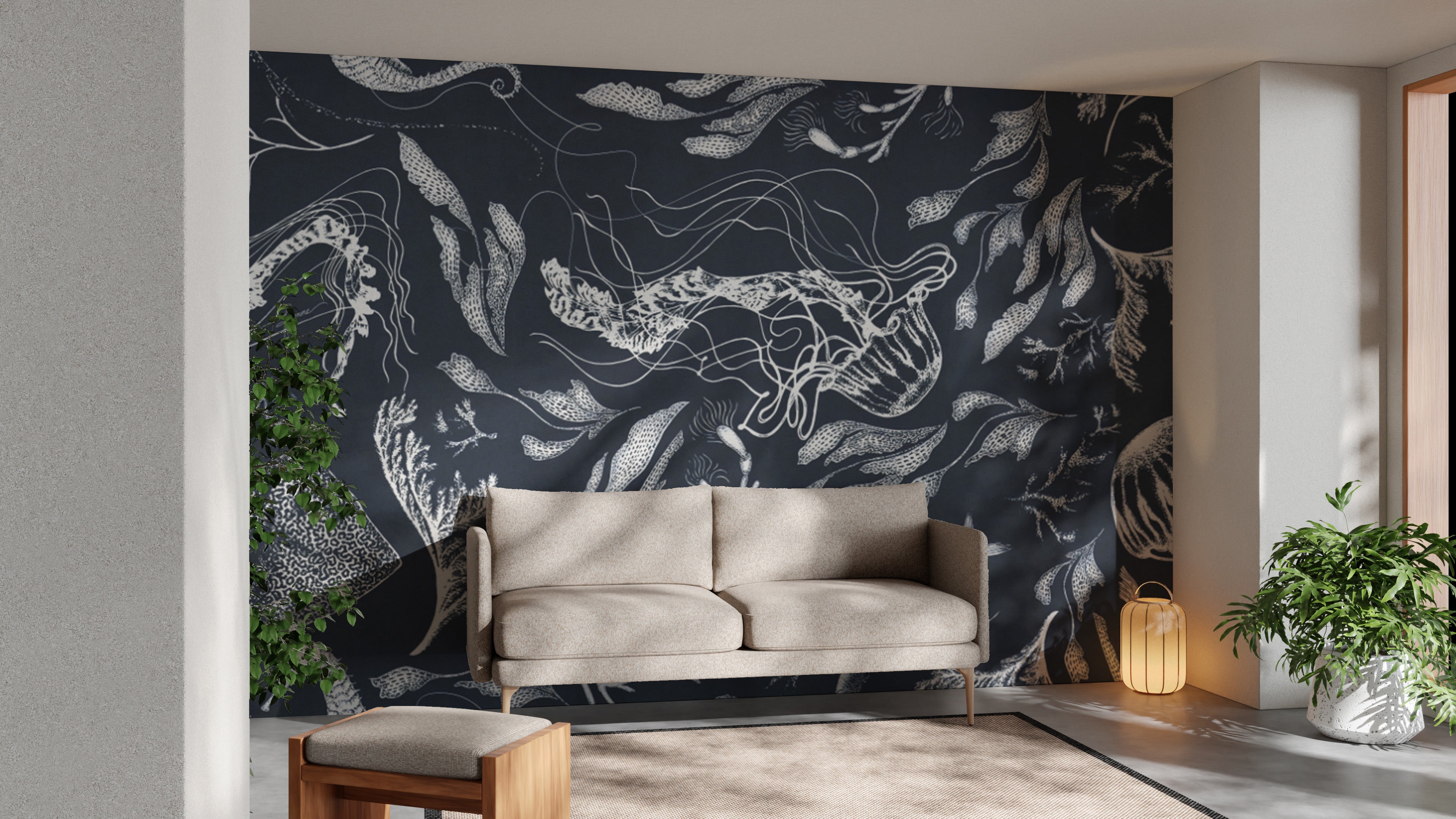 Navy marine life wallpaper with intricate aquatic plants design.
