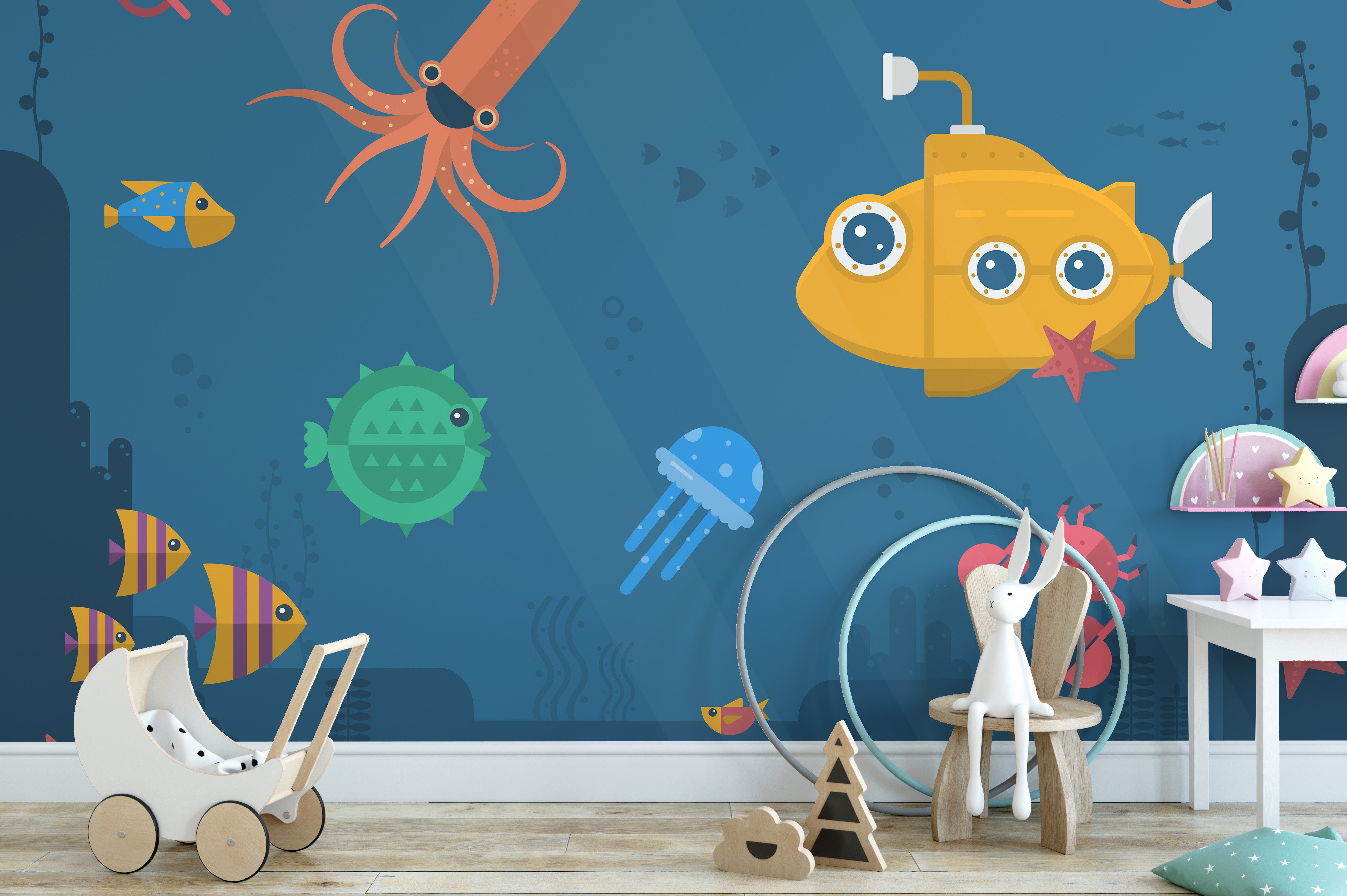 Whimsical submarine and sea animals wallpaper
