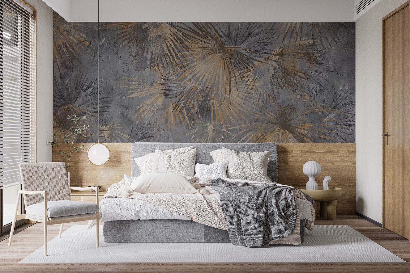 Golden frond mural with tropical elegance