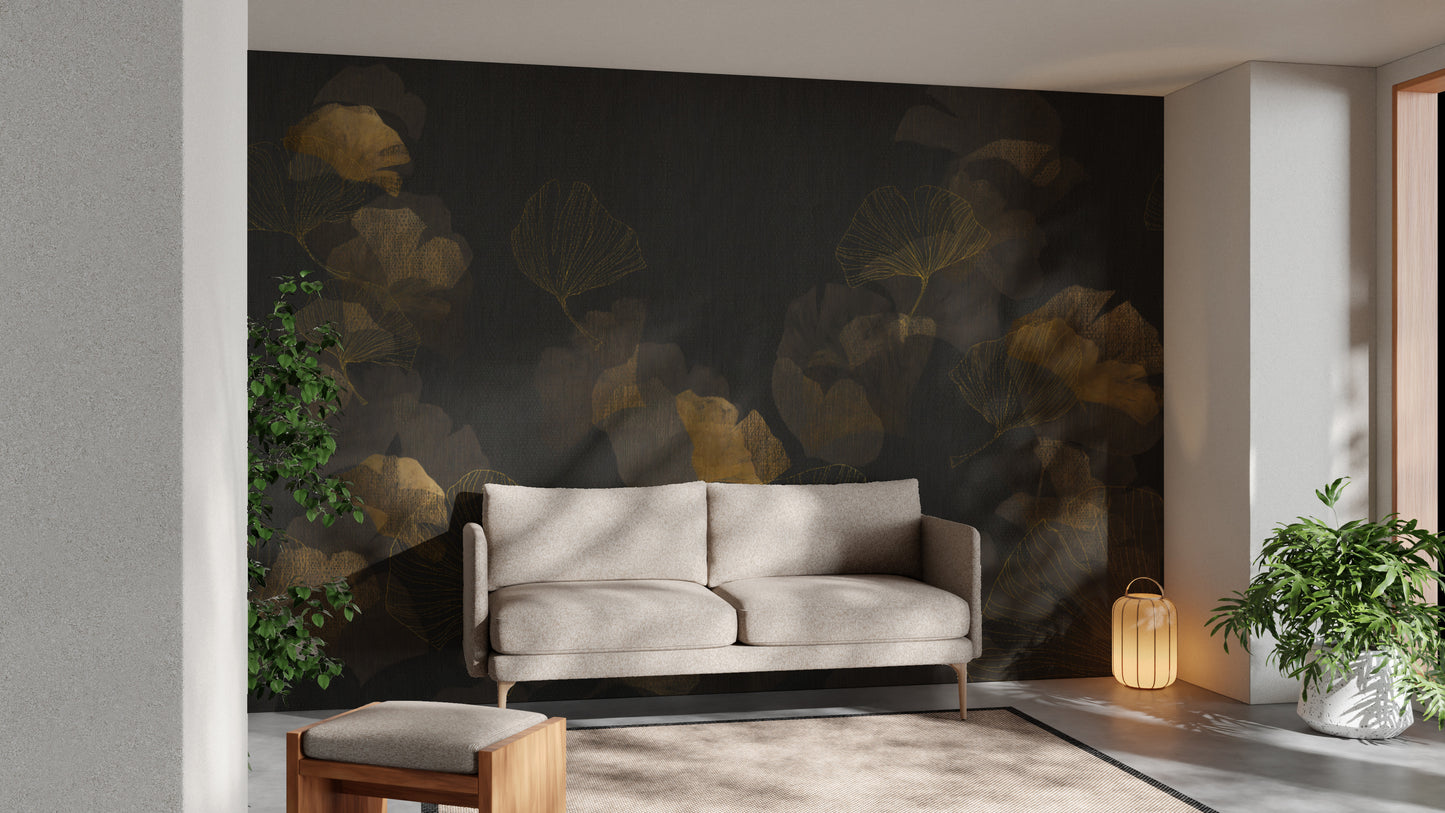 Minimalist black ginkgo wallpaper with subtle botanical design
