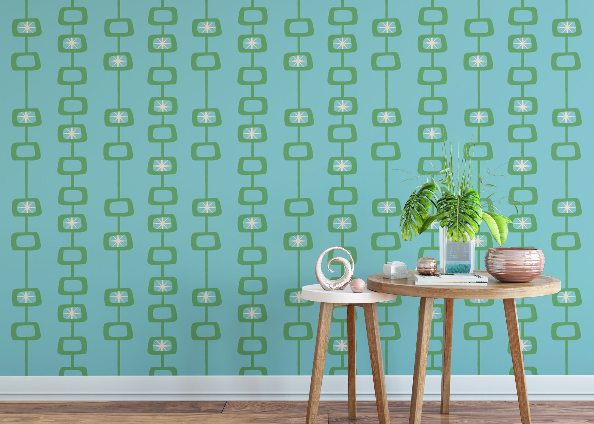 Fresh Mid Century Atomic Orbs Blue Green Wallpaper style
