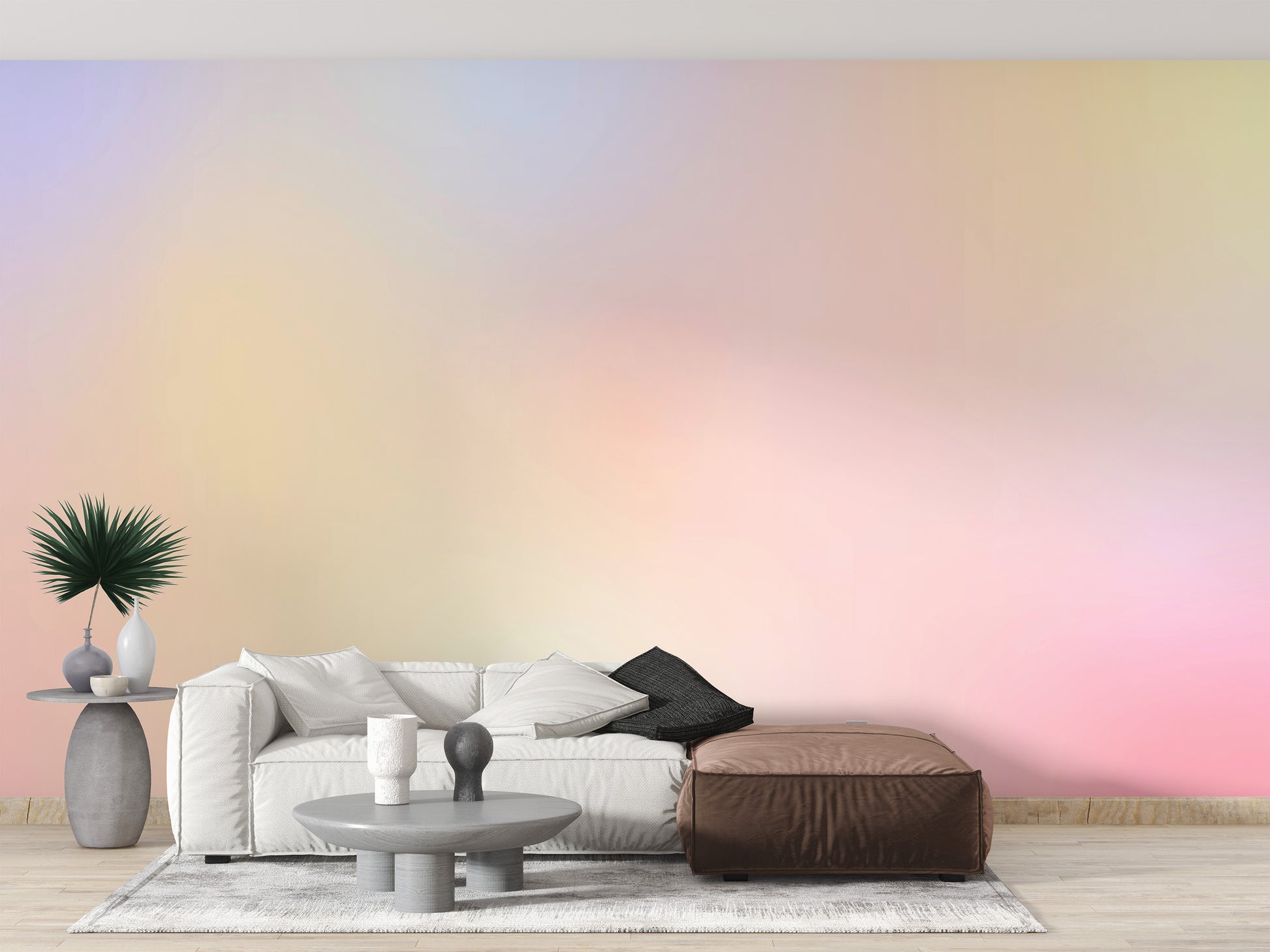 Rainbow Ombre Mural wallpaper adds warmth to the living room