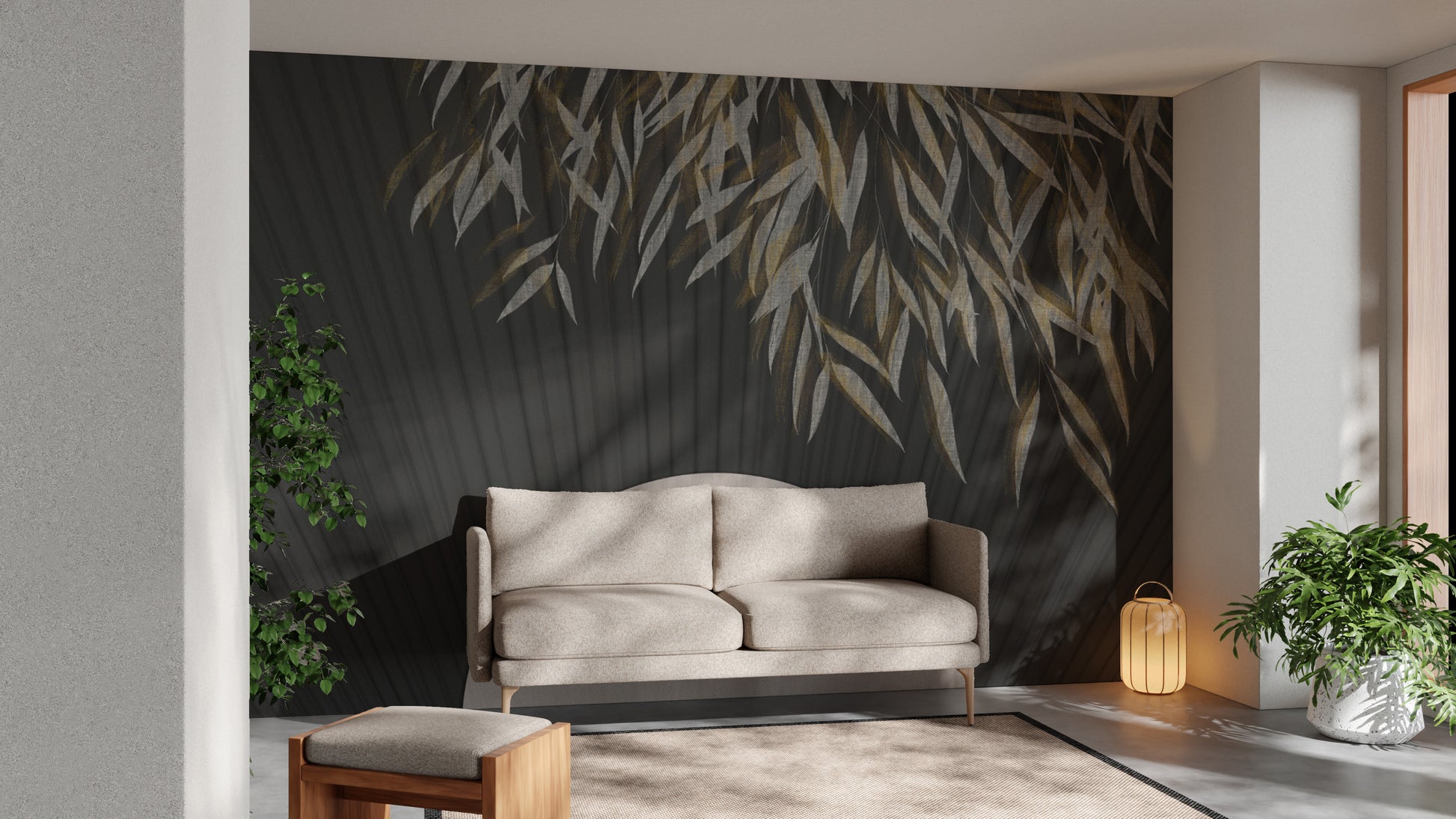 Minimalist black textured wallpaper with gold leaves
