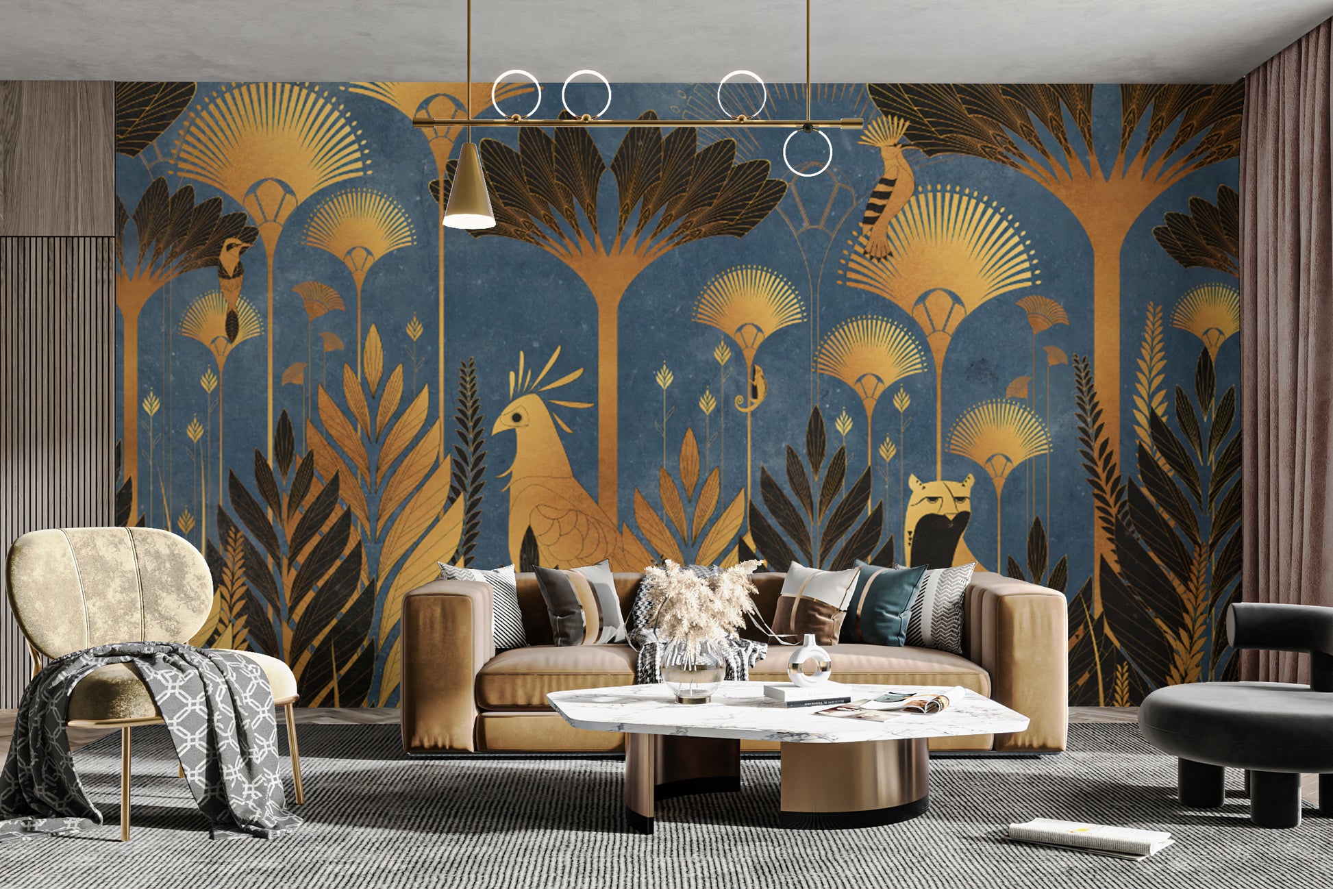 Blue luxurious Art Deco jungle wallpaper with golden parrots
