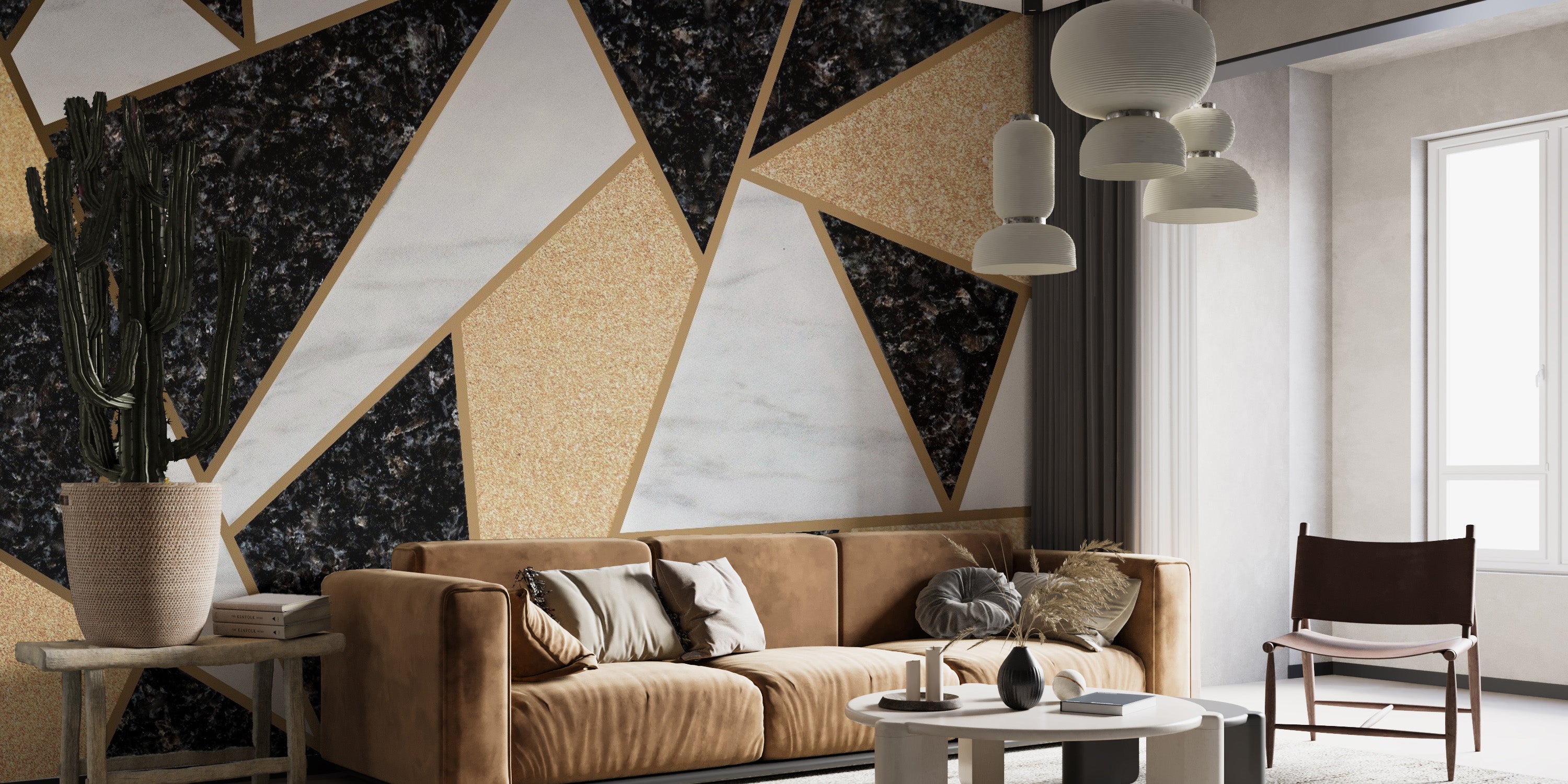 Sophisticated geometric design on marble tile wallpaper.
