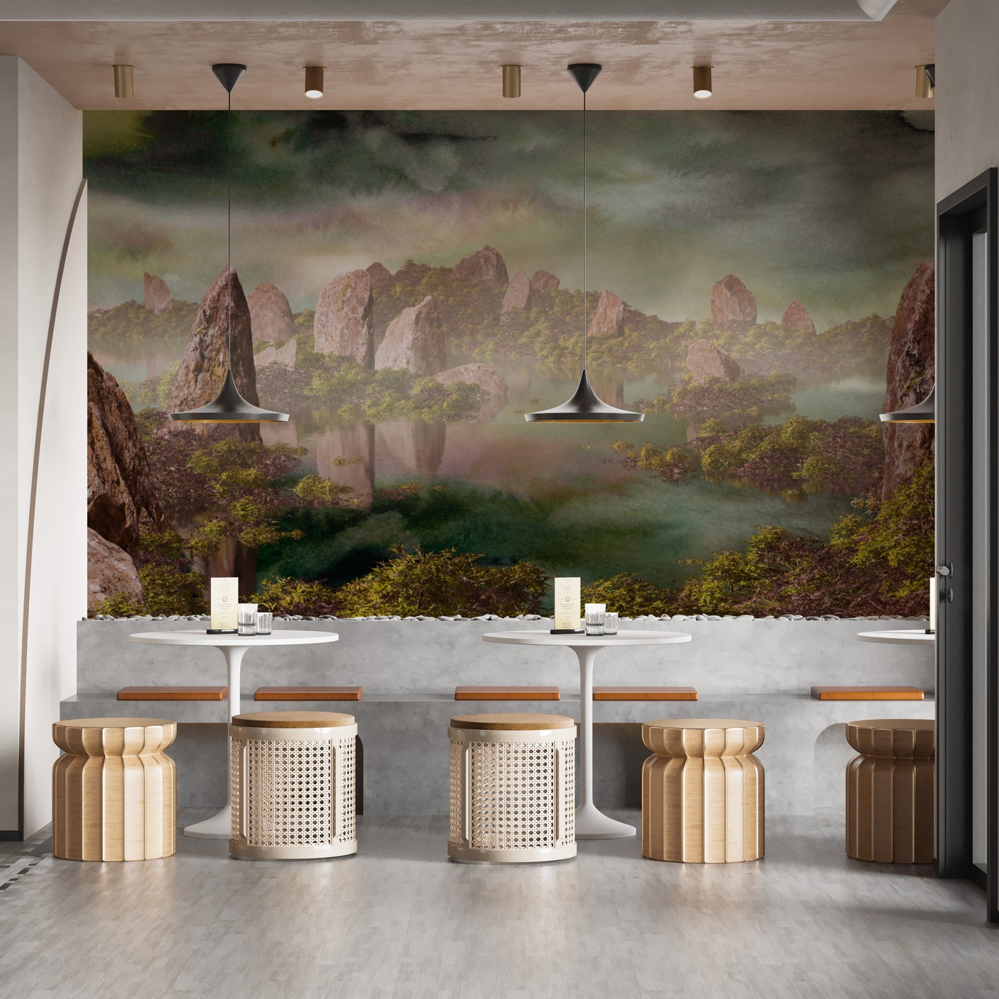 Dramatic Chinese Landscape Green Wallpaper Murals