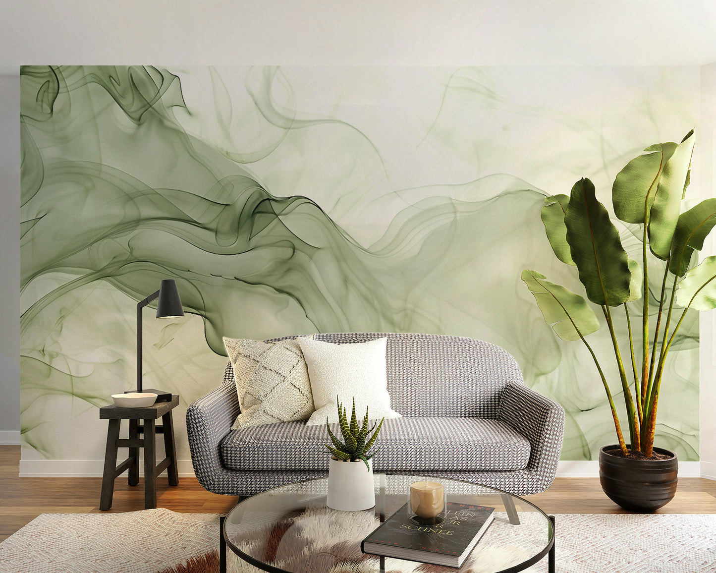 Green Watercolor Ink Mural for Living Room