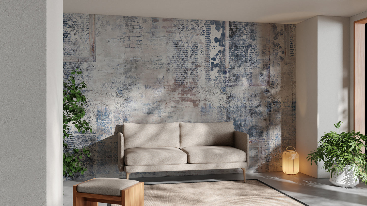 Distressed vintage wallpaper featuring layered brick designs
