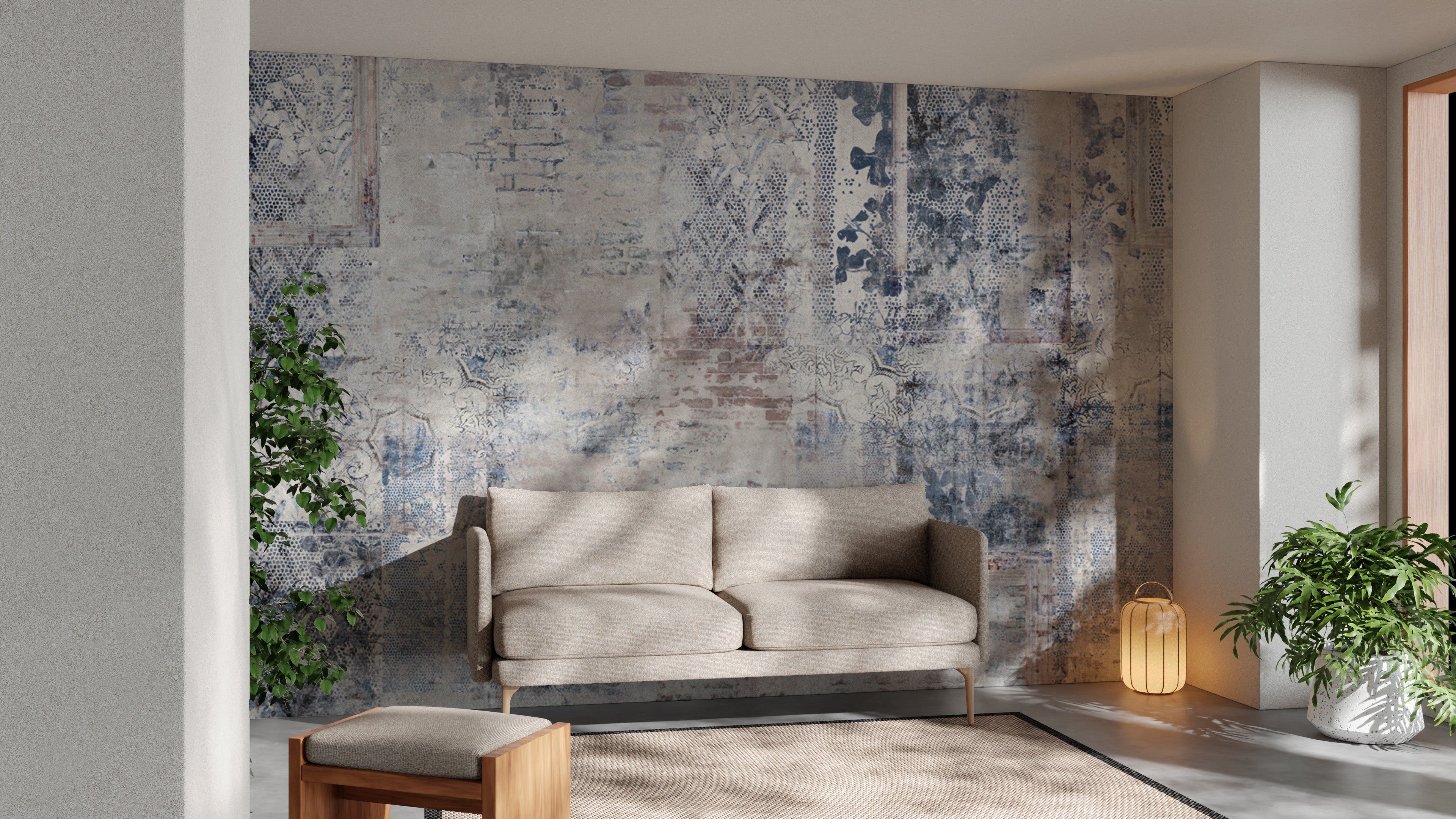 Distressed vintage wallpaper featuring layered brick designs
