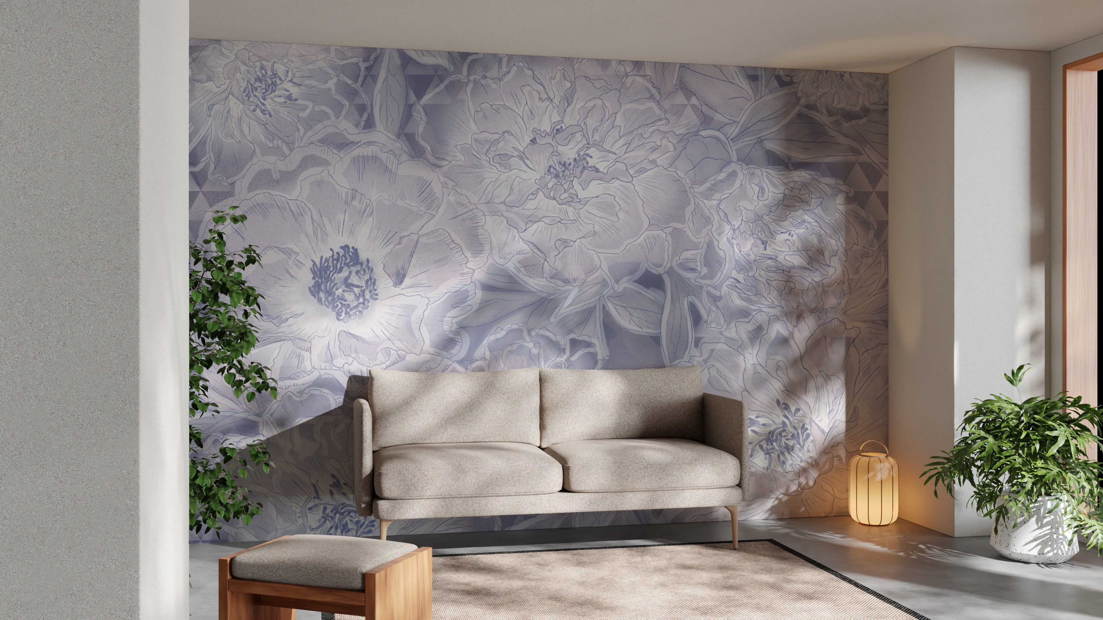 Modern pastel lavender floral wallpaper with soft tones
