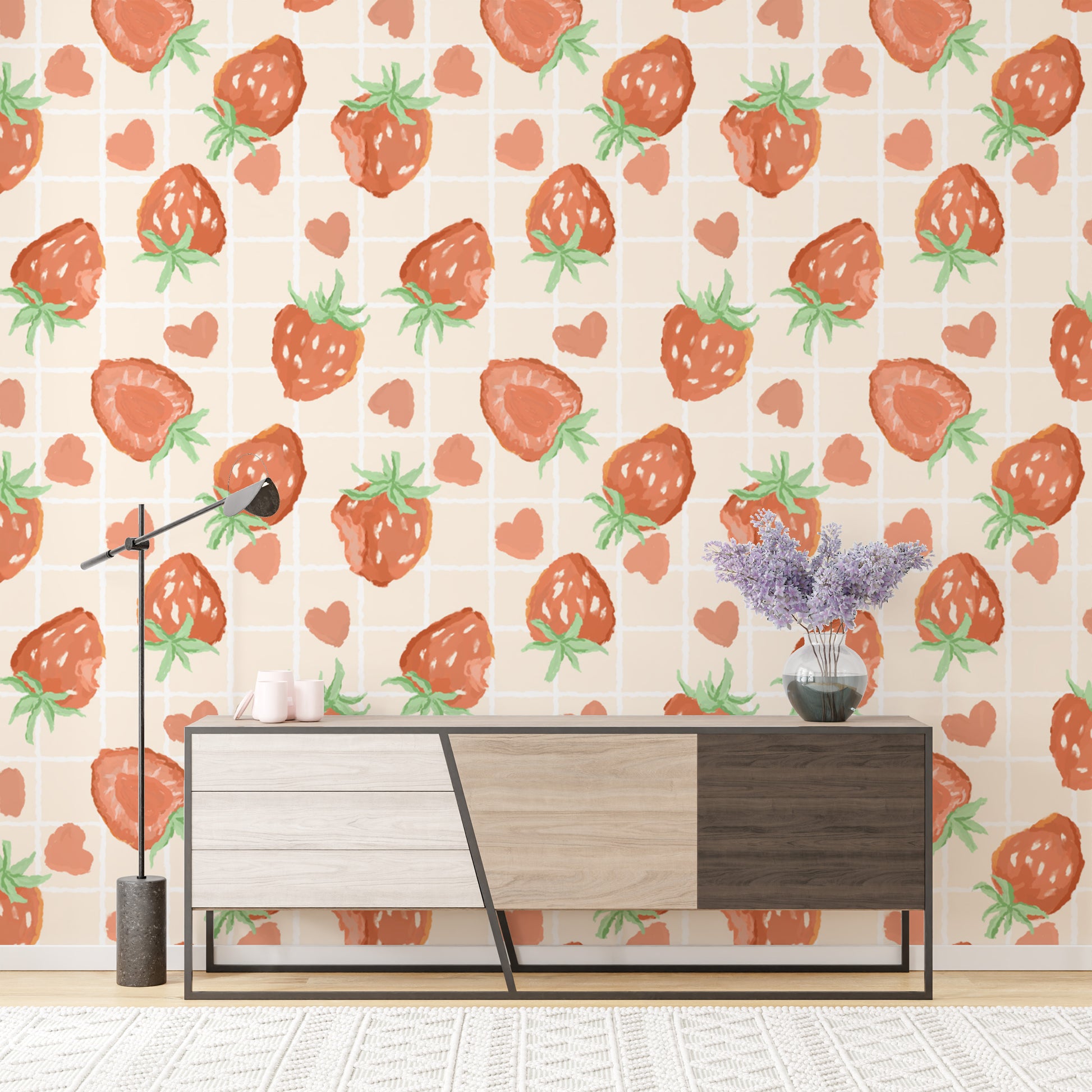 Elegant heartful strawberries mural for a soft, romantic vibe.
