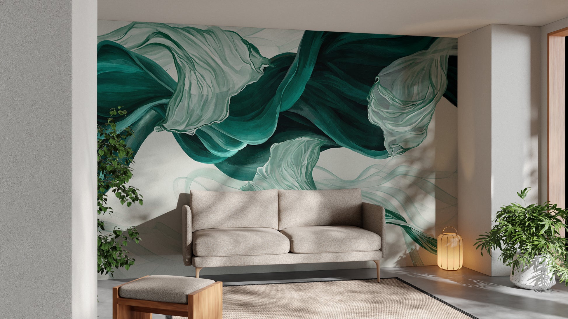 Ethereal abstract fabric mural in flowing teal and white
