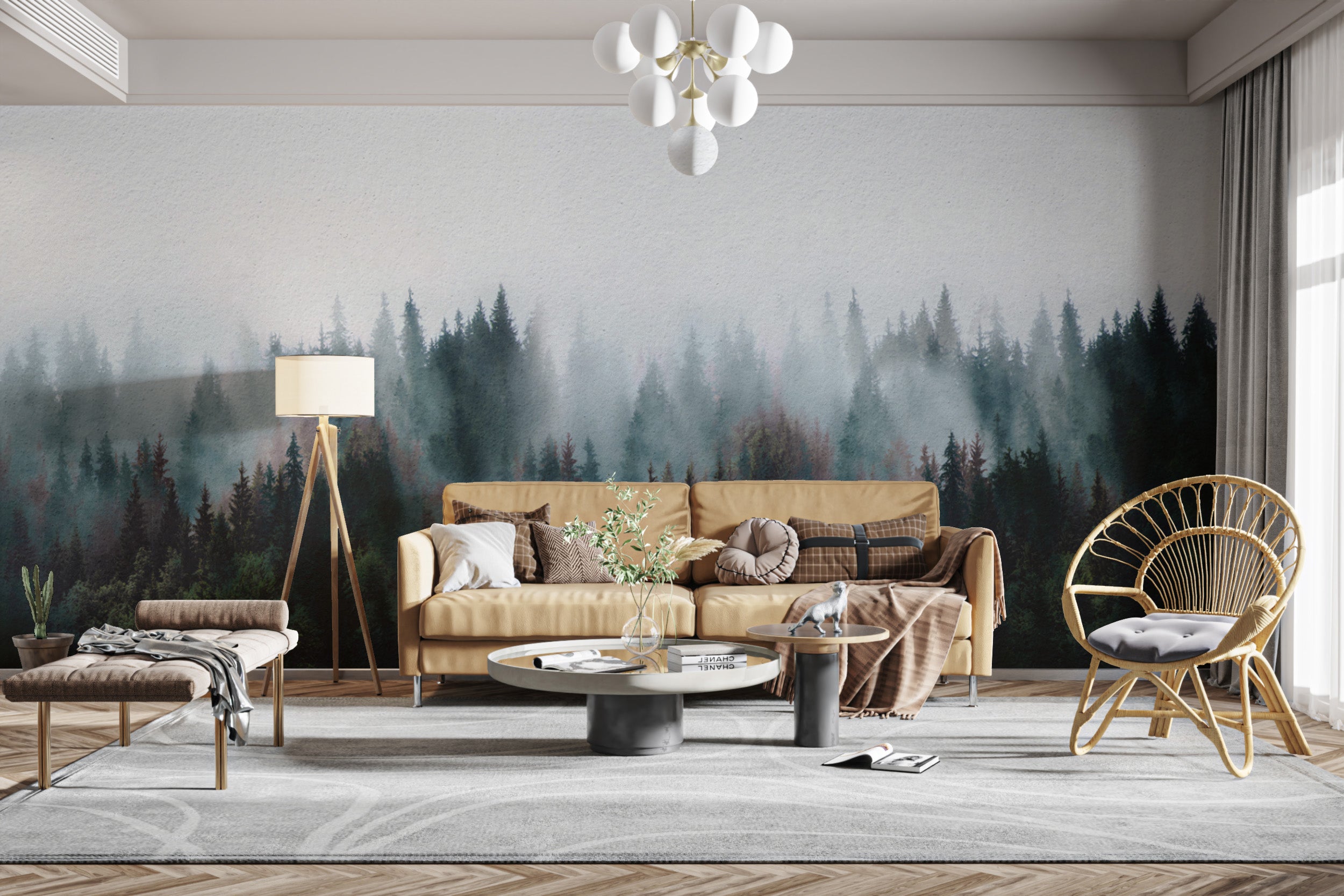 Tranquil foggy landscape mural for home decor
