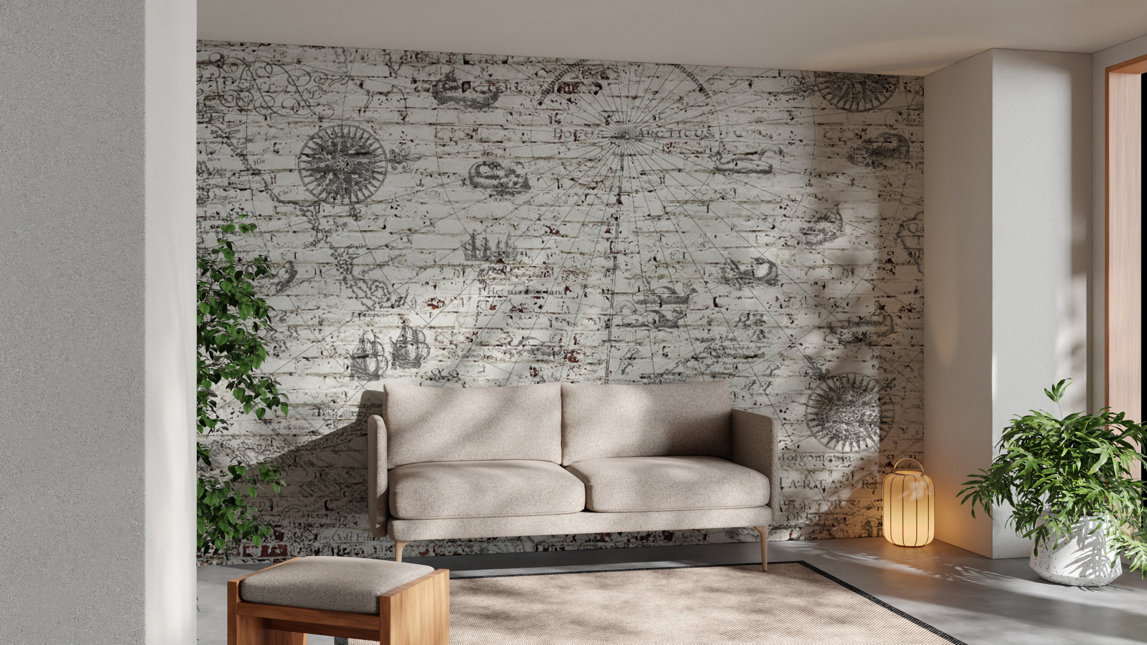 Aged world map mural on distressed brick background
