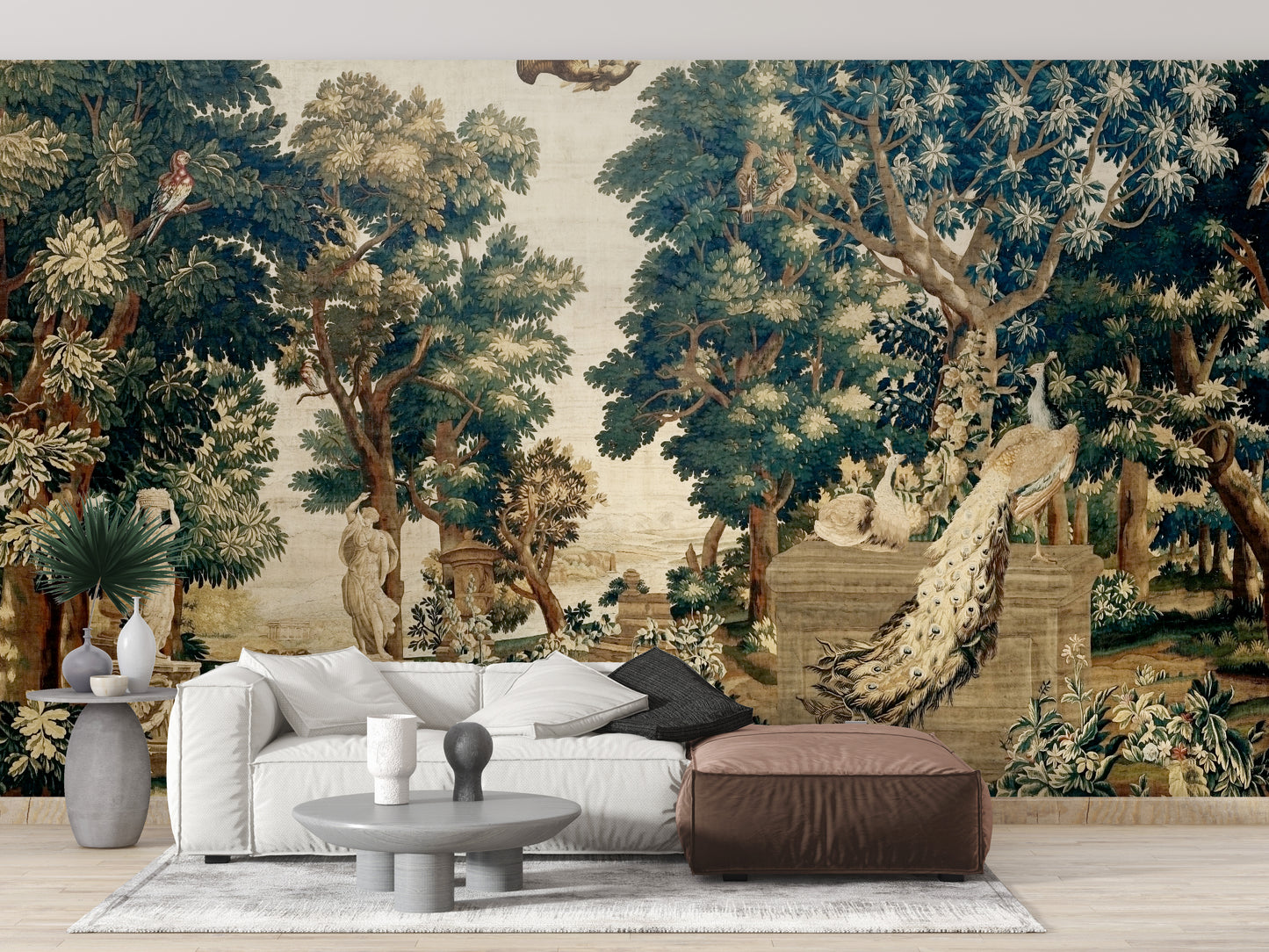 Vintage-style mural wallpaper with park monuments
