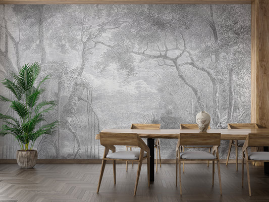 Gray sketch forest wallpaper mural design
