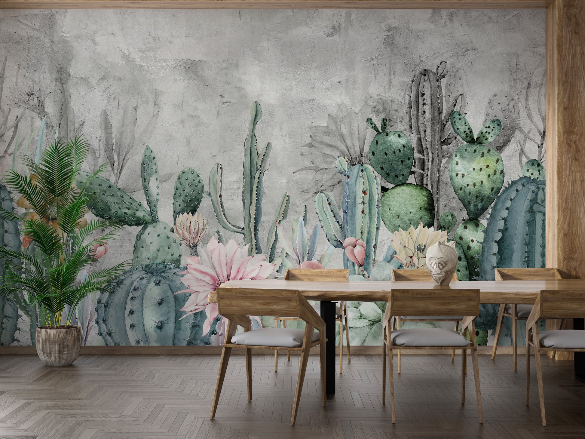 Artistic green cactus in desert wall mural
