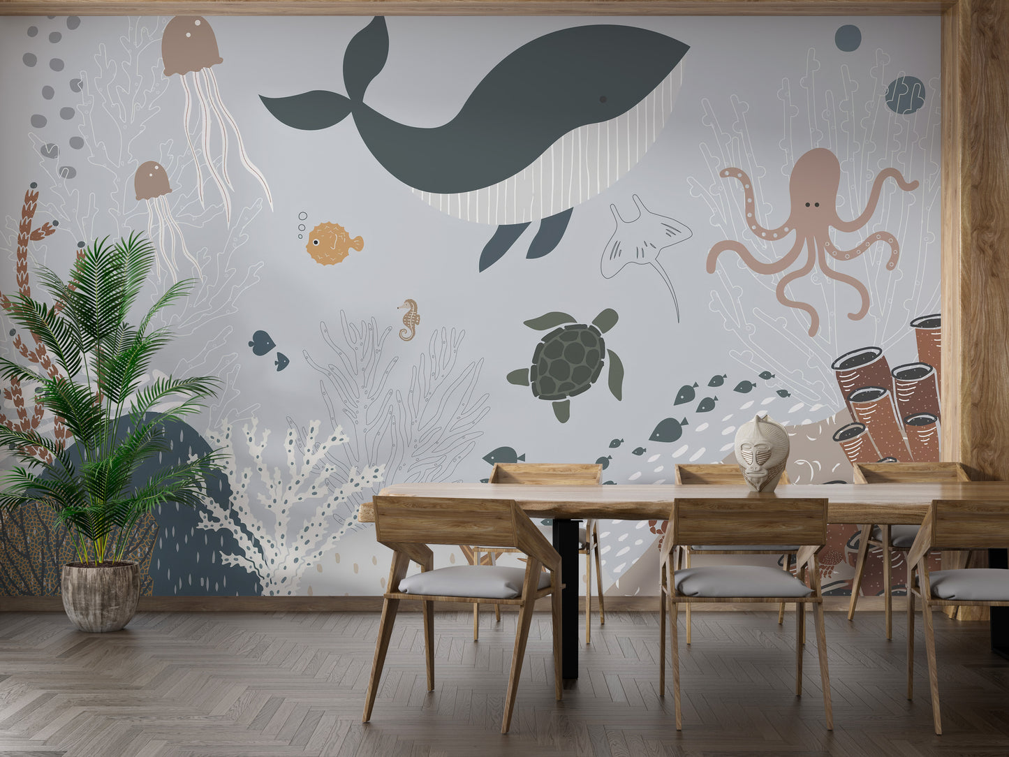 Artistic whale-themed wall mural design
