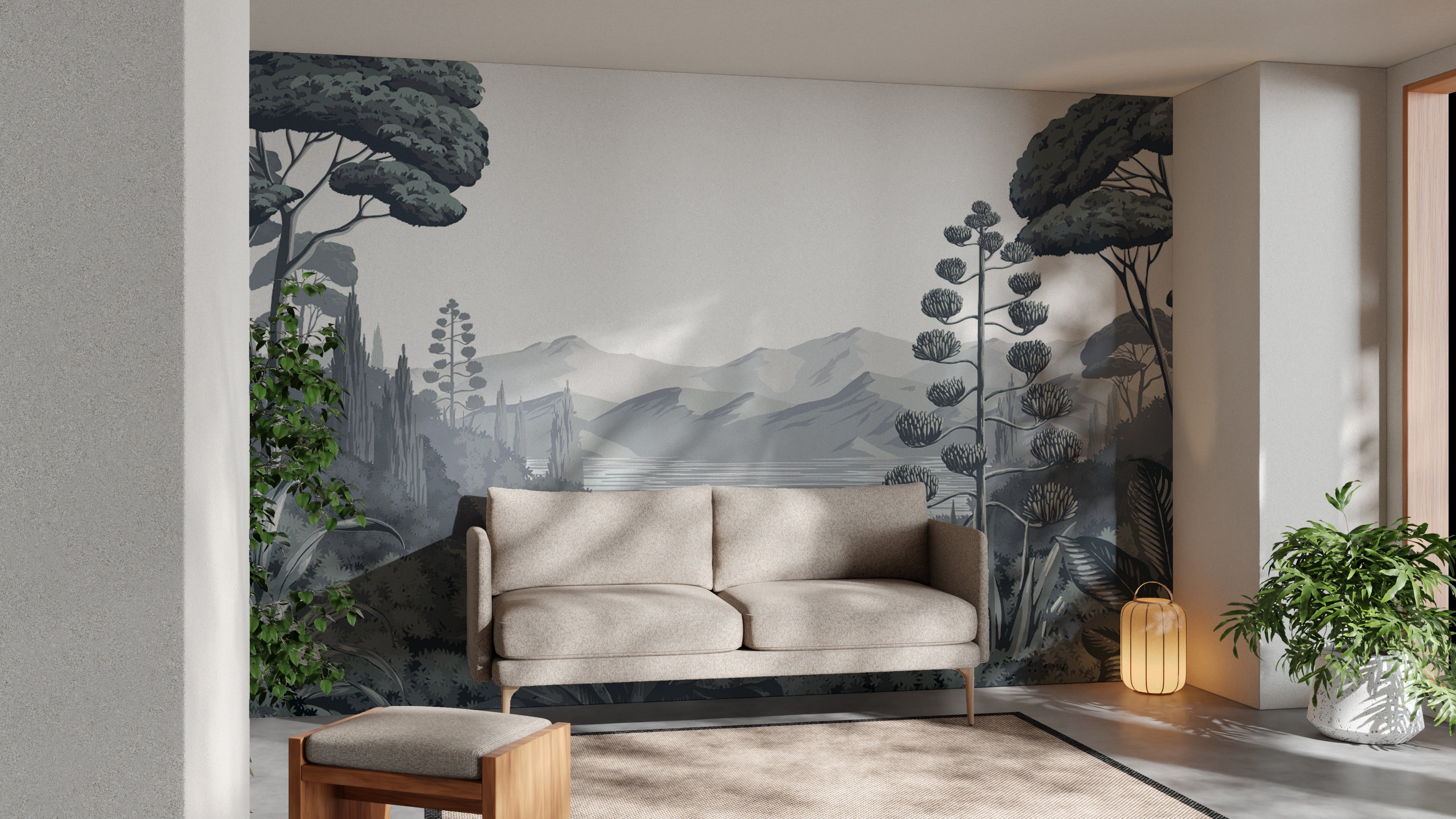 Scenic Botanical Landscape Wall Mural with lush greenery
