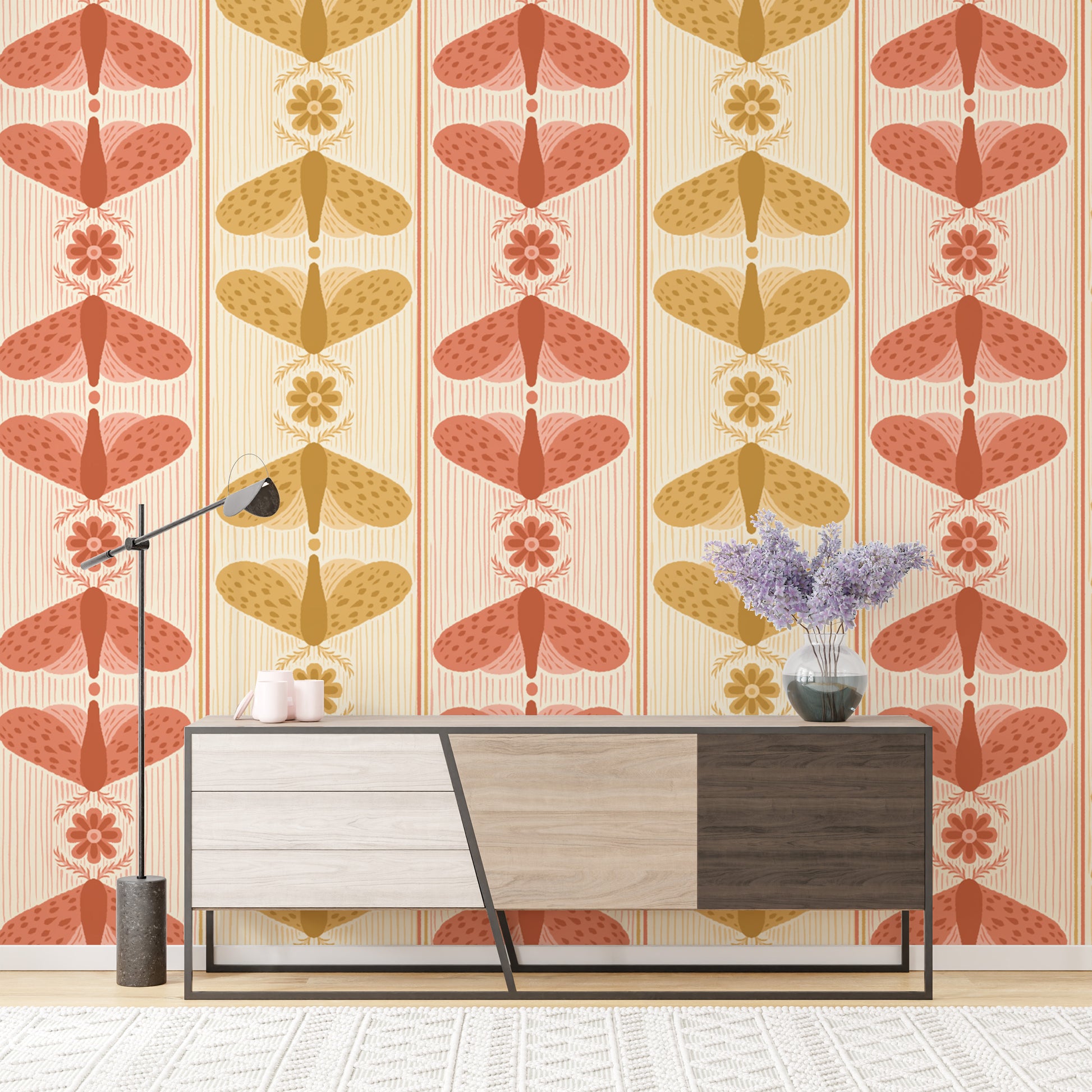 Whimsical moth stripe wallpaper for a playful, nature-inspired touch.
