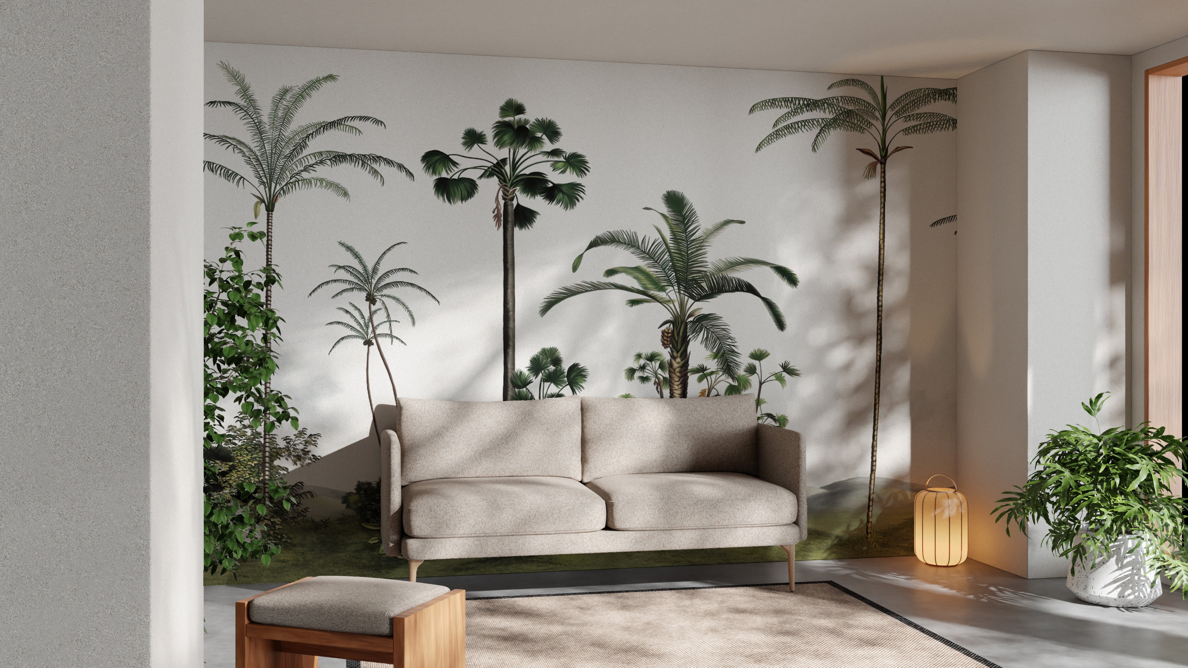 Exotic jungle wallpaper mural with tall palm trees
