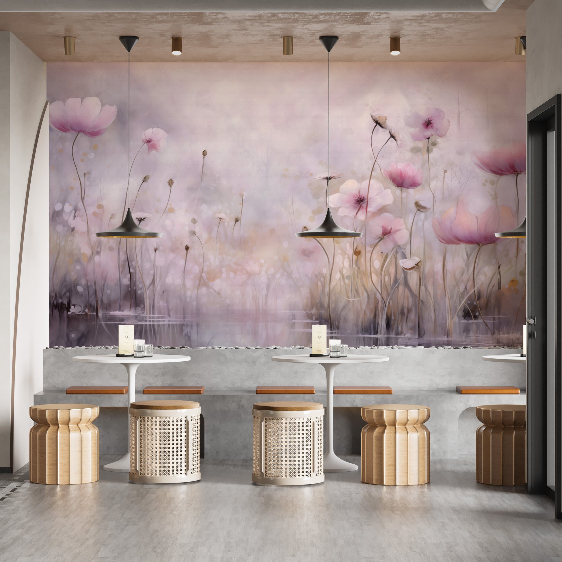 Create a calming environment with pink water poppies floral wallpaper.