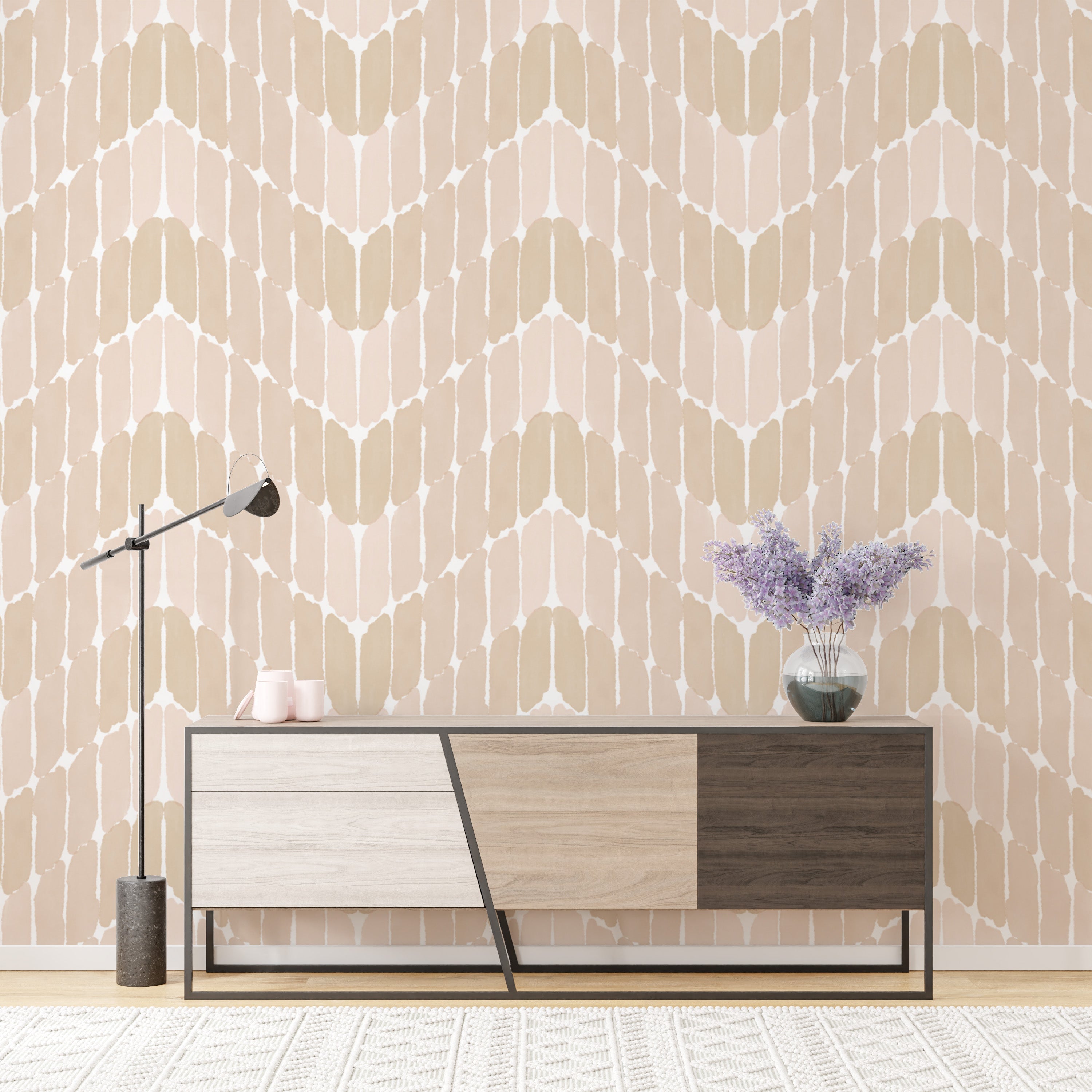 Minimalist paint stroke chevron grey mural for refined wall styling.
